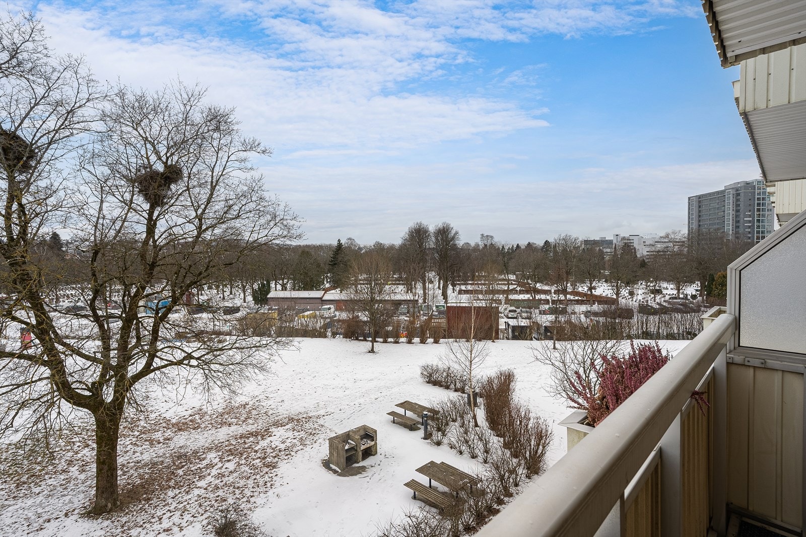 Fellesområdene er pent opparbeidet med plen, trær og sittegrupper. Galleribilde