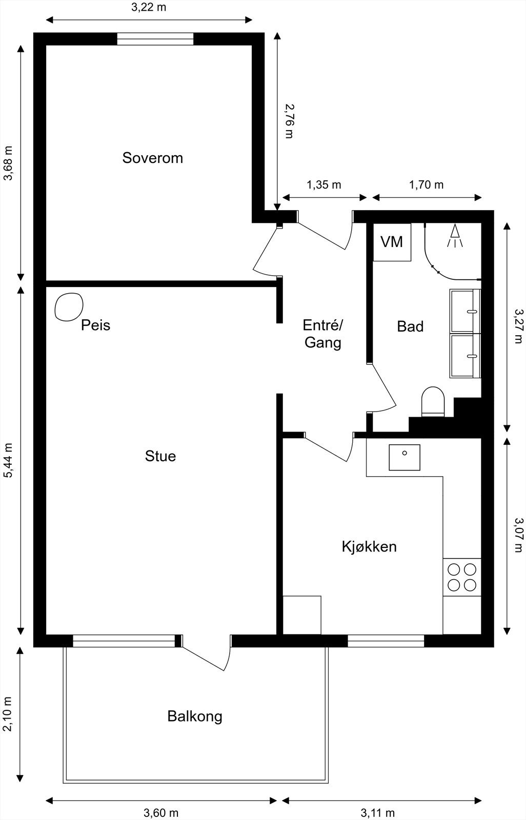 Leiligheten har en arealeffektiv planløsning med stue, kjøkken, bad og et soverom. Galleribilde