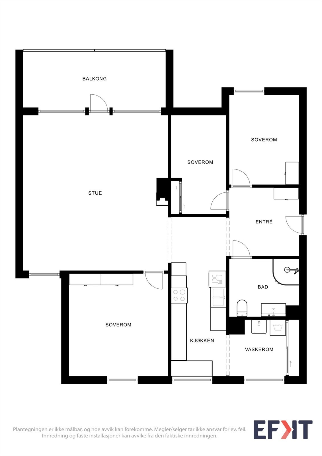 Planløsningen er arealeffektiv med tre soverom, kjøkken med vaskerom og en åpen stue. Galleribilde