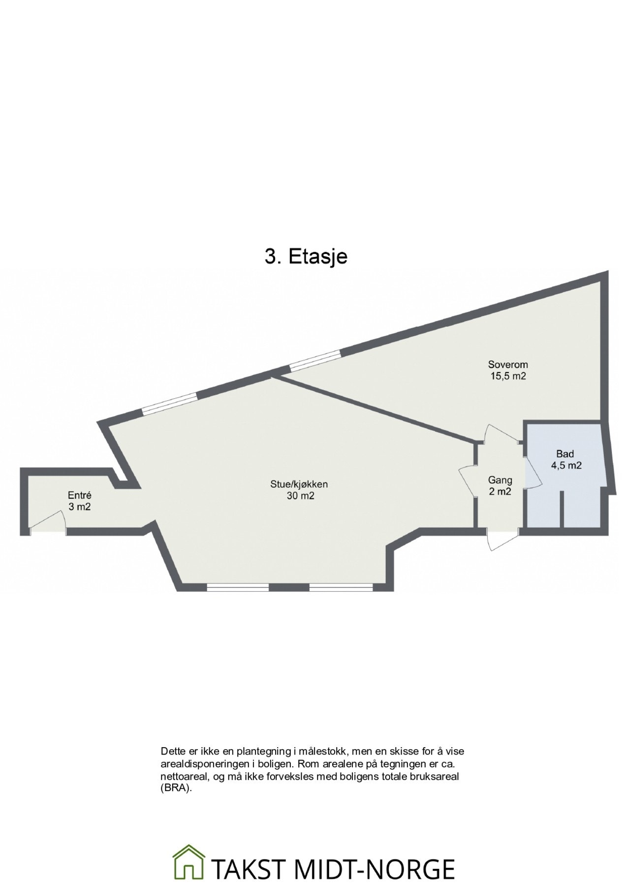 Planskisse 3. etasje. Øvrig: en bod i kjeller medfølger. Galleribilde