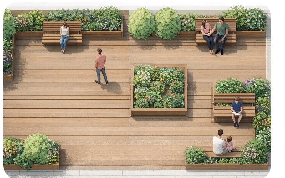 Illustrasjon felles uteplass - Sameiet kan selv velge hvordan platting skal innredes, utbygger leverer ferdig bygget platting. Galleribilde