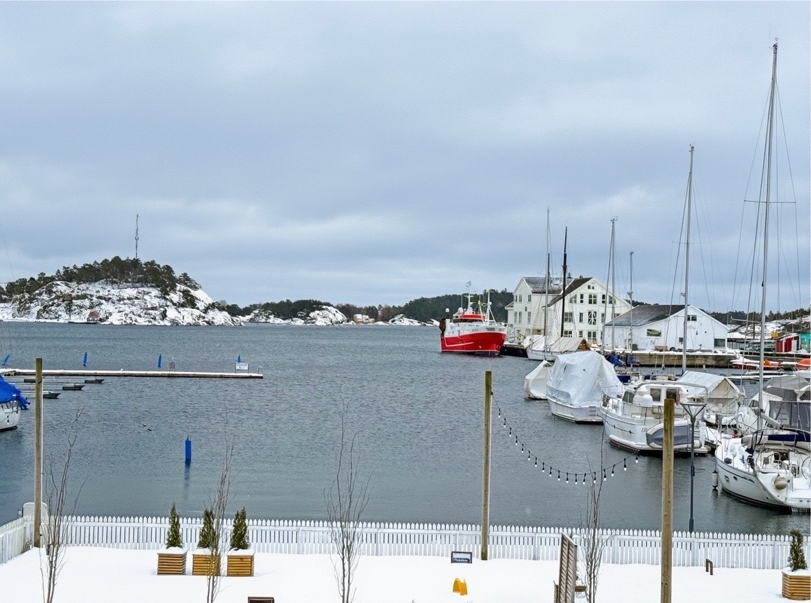 Fantastisk utsikt fra leiligheten over gjestebrygga og innseglingen til Grimstad. Galleribilde