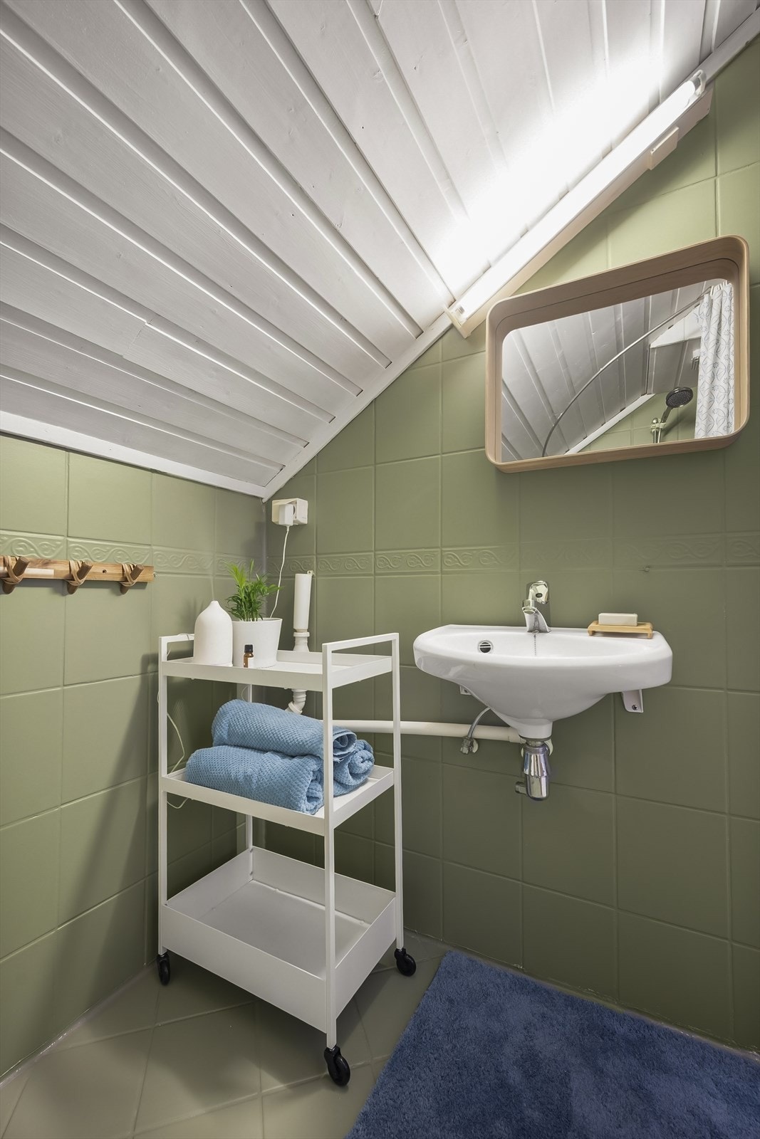 Innredningen består av vegghengt toalett, servant og dusjhjørne. Det er opplegg for vaskemaskin. Galleribilde