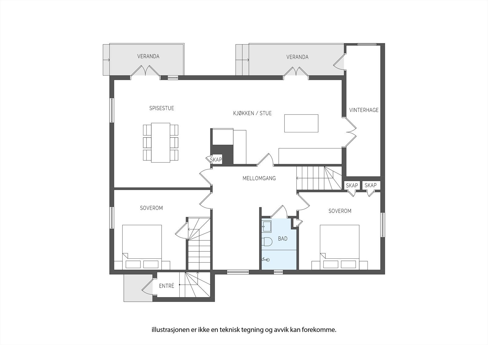 Plantegning - 1. etasje, BRA-98 m²: Hall med trapp, bad, 2 soverom, trapperom, stue, kjøkken. Bra-e 10 m²: Innglasset balkong Galleribilde