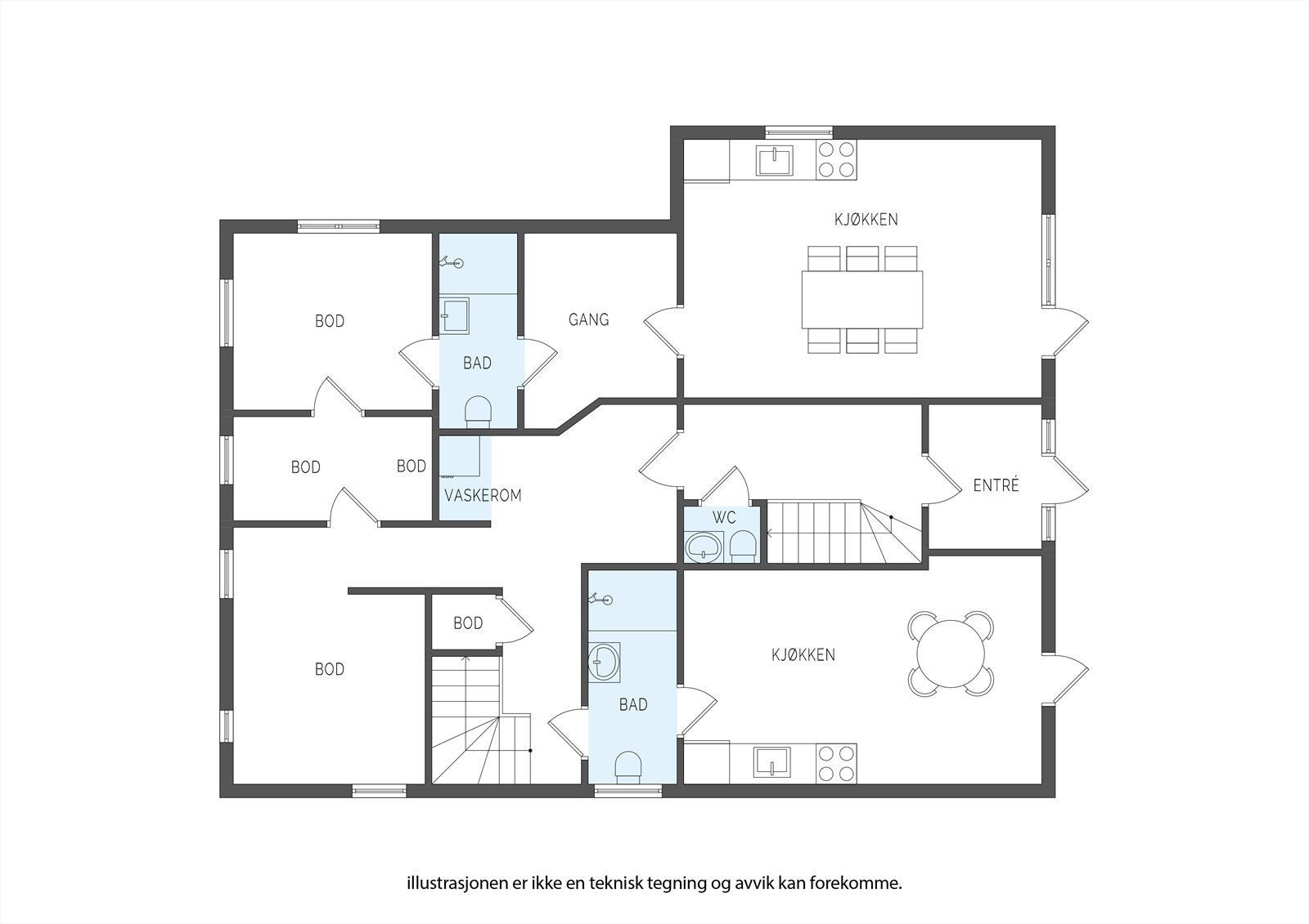 Plantegning - Kjeller/underetasje, BRA-i 100 m²*:
Rom (innredet som stue/kjøkken), bad/wc, kjellergang/bodrom, vindfang, bad/wc 2, trapperom, rom (innredet som soverom), vaskerom, mellomgang, toalettrom, rom (innredet som stue/kjøkken). Galleribilde