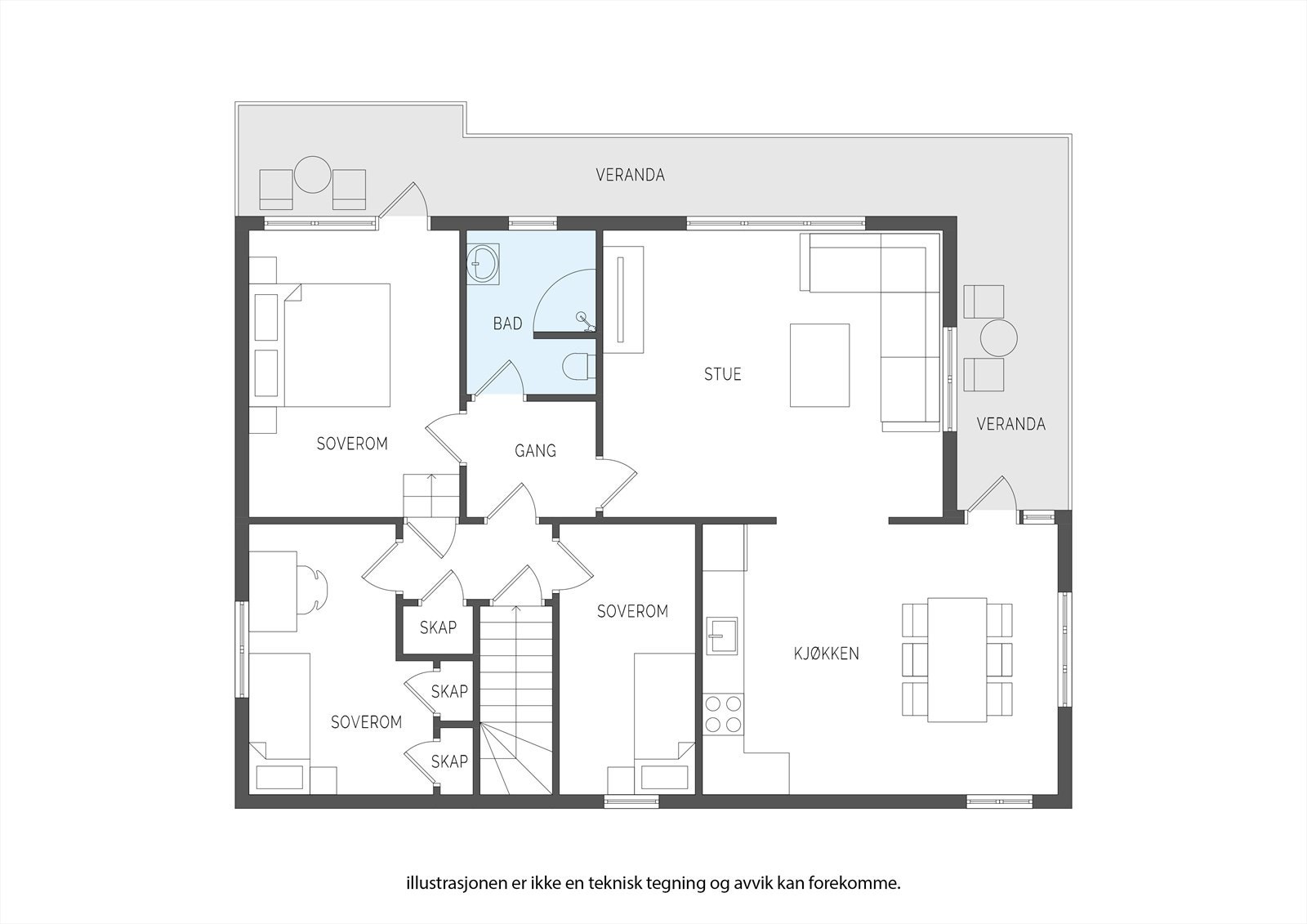Plantegning - 2. etasje, BRA-i 100 m²:
Trapperom, entré, 3 soverom, bad/wc, kjøkken, stue. Galleribilde