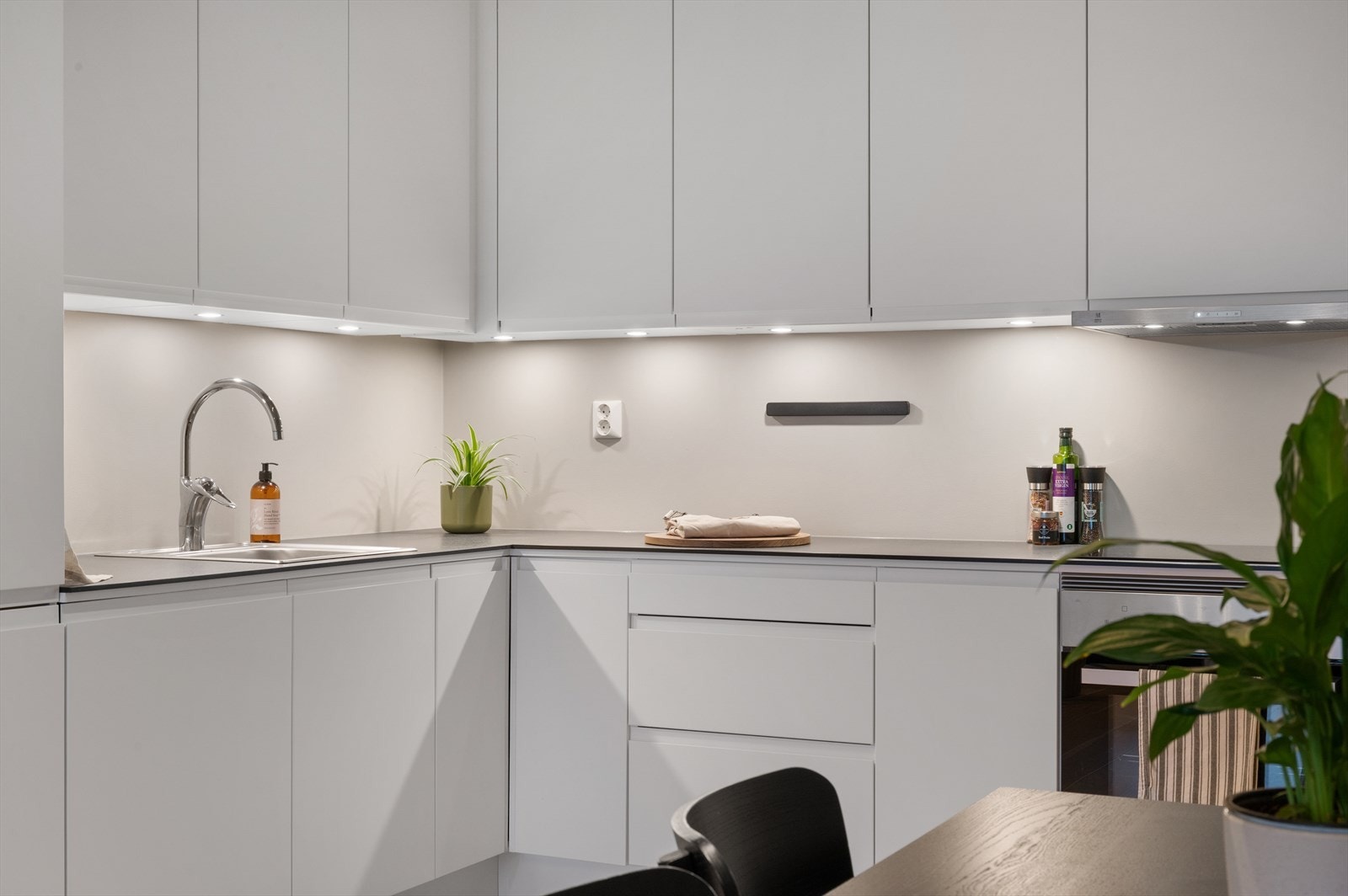 Kjøkkenet er innredet med stekeovn, induksjonstopp, oppvaskmaskin, kjøl-/fryseskap og ventilator. Galleribilde