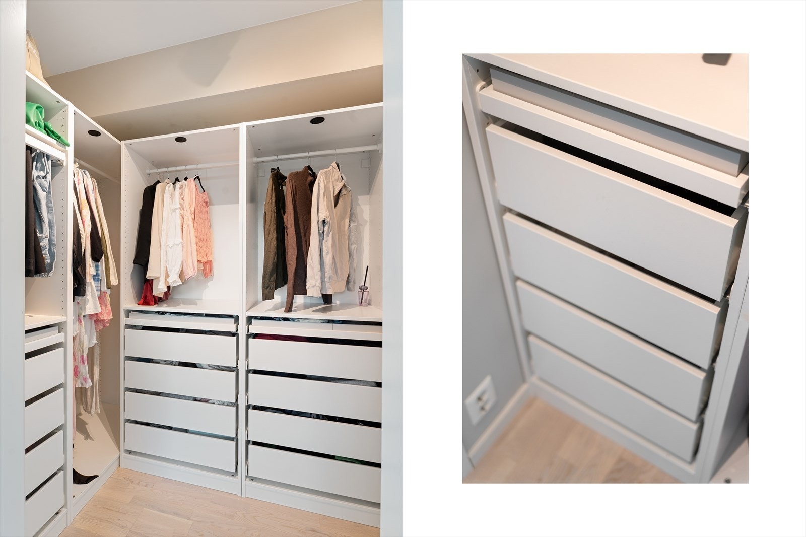 Garderoben har rikelig med oppbevaringsplass i praktisk garderobeinnredning Galleribilde