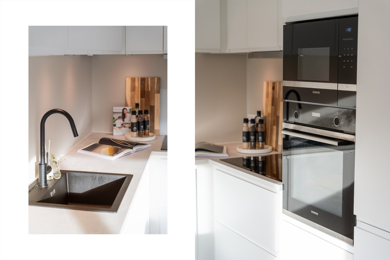 Det er montert downlights under overskapene som gir godt arbeidslys Galleribilde