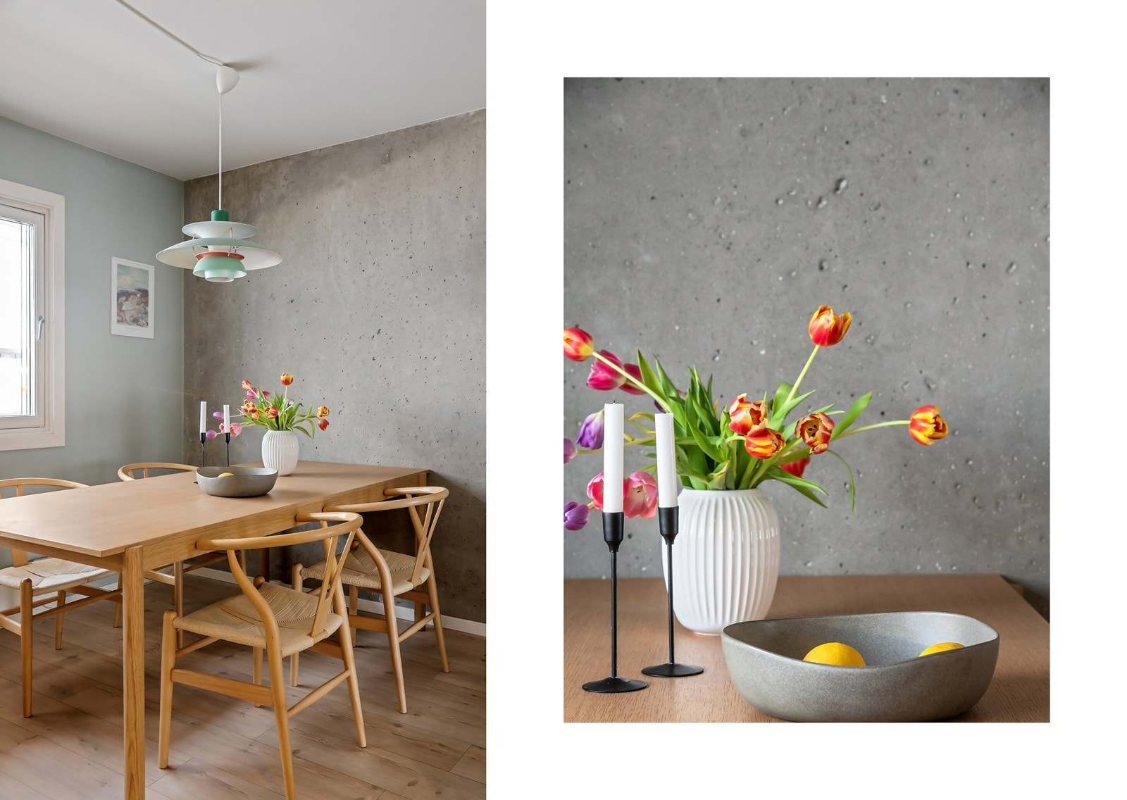 Spisebordet har sin naturlige plassering nær vinduet og får en lys og innbydende plass i rommet. Galleribilde