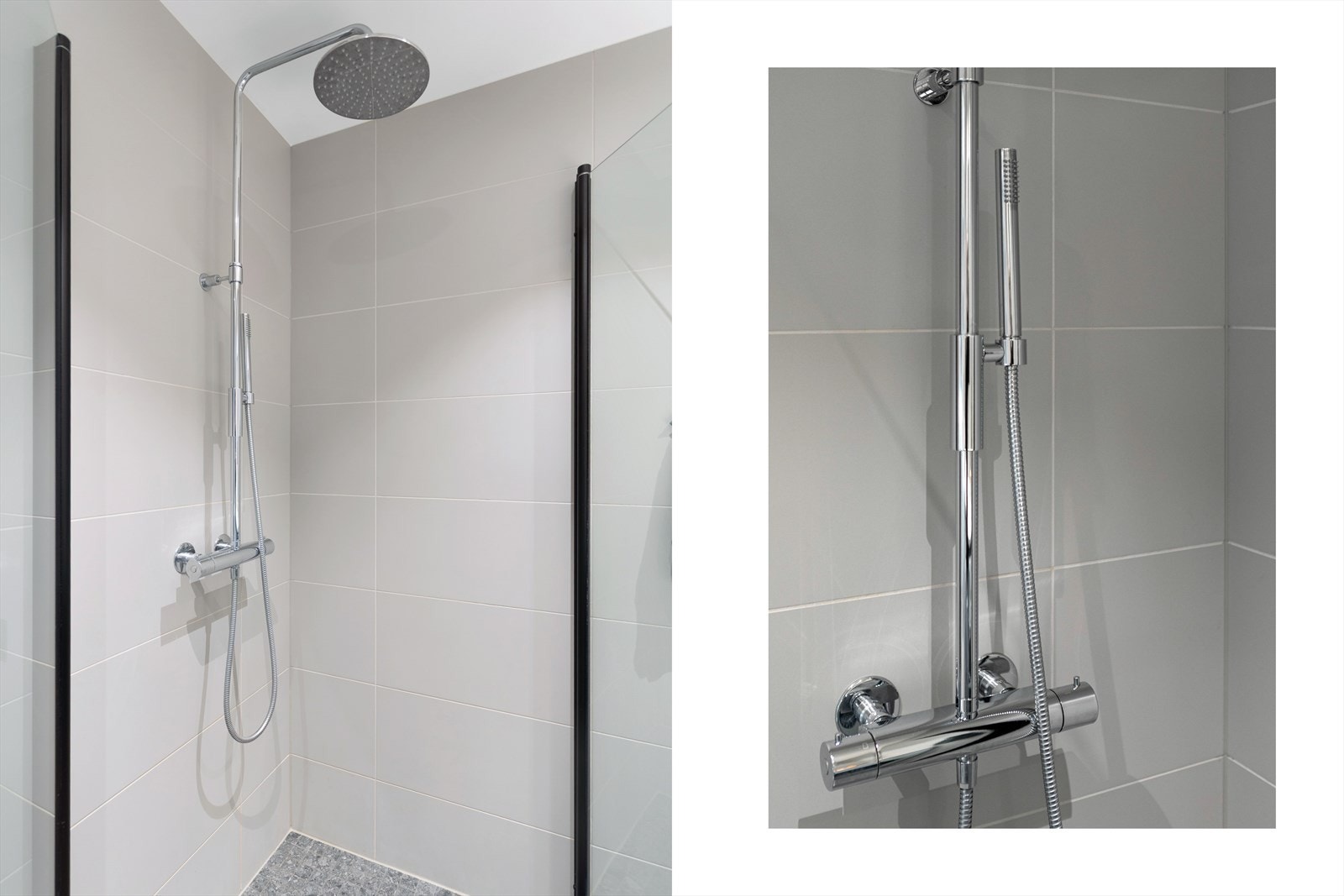 Badet er utstyrt med regnfallsdusj og innfellbare glassdører med sorte detaljer. Galleribilde
