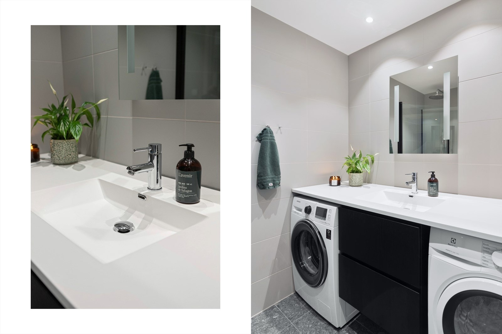 Det er nedfelt vask i benkeplate som strekker seg fra vegg til vegg. Galleribilde