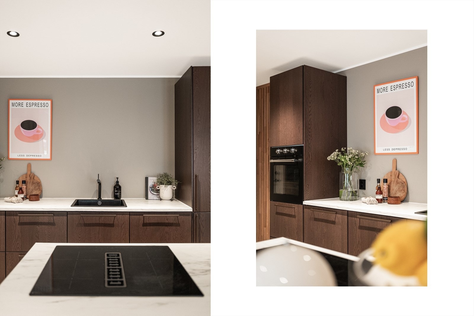 Kjøkkenet er utstyrt med integrerte hvitevarer som stekeovn, oppvaskmaskin, kjøl/fryseskap og induksjonstopp. Galleribilde