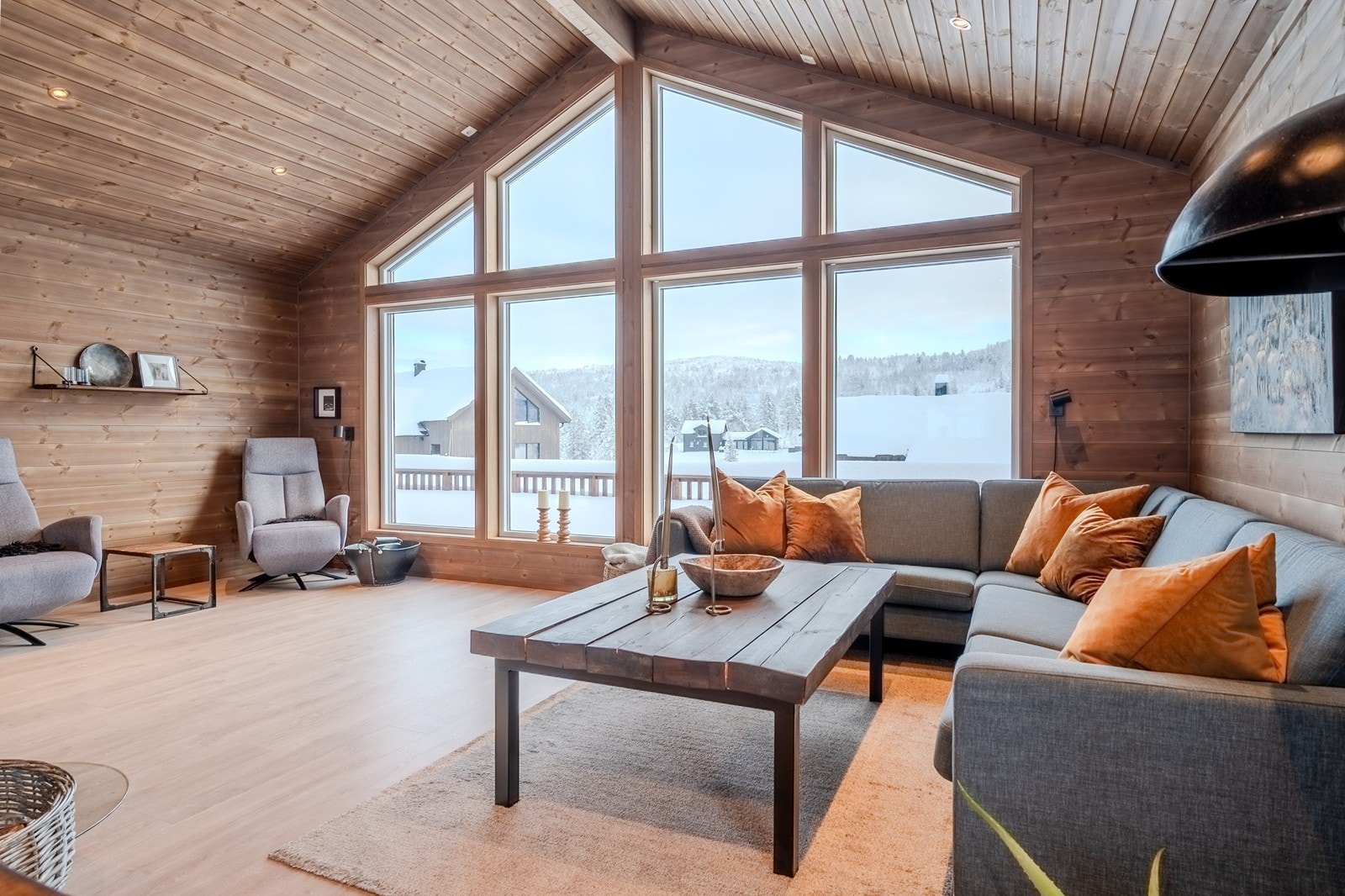 Stue med store vindusflater og luftig himling Galleribilde