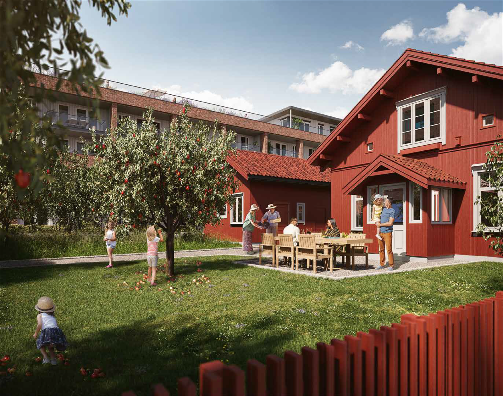 Illustrasjon av Lilleholtet - et felles samlingspunkt med fellesareal, sykkelverksted og smørebod. Frukttrær vil bli plantet. Illustrasjon - Avvik kan forekomme. Galleribilde