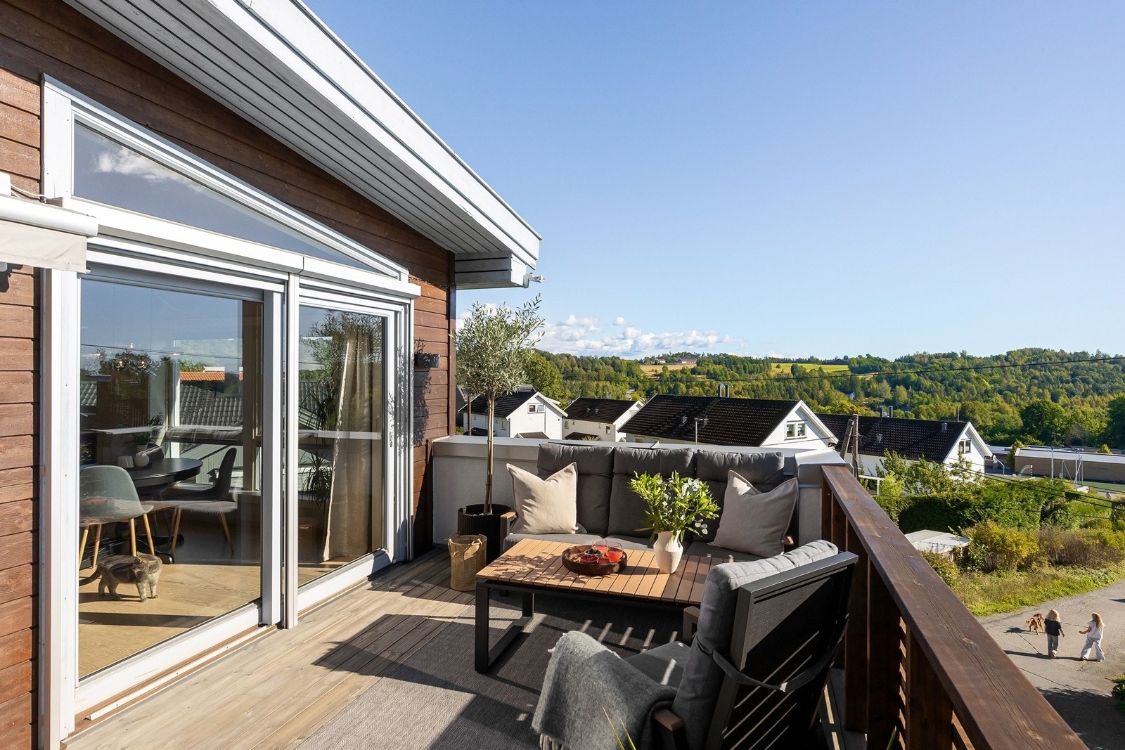 Terrassen utenfor stue og kjøkken. Screens og markise. Galleribilde