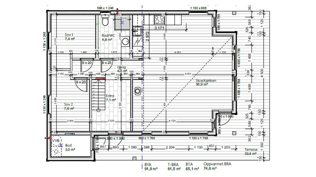 Planløsning hovedetasje. Gjør oppmersom på at m2 og mål kan fravike noe. Plantegnignen er fra entreprenøren. Galleribilde