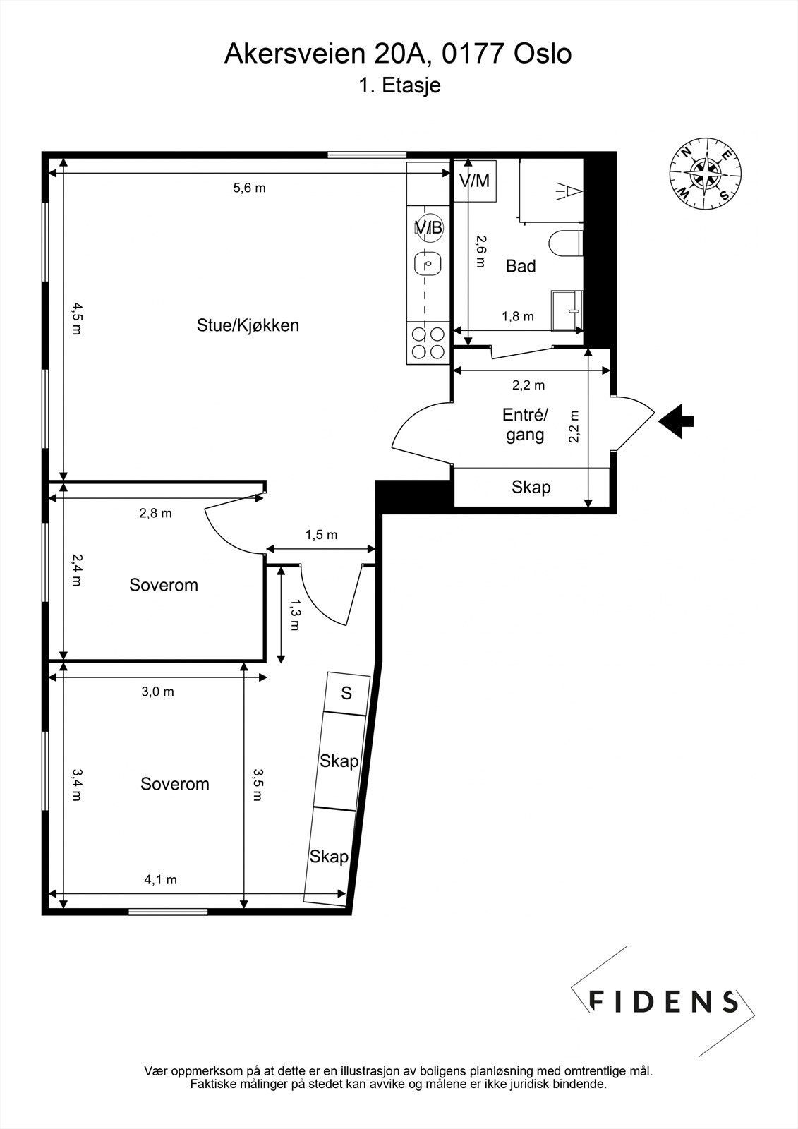 Plantegning. I tillegg disponerer leiligheten en bod i samme etasje på ca. 5 kvm. Galleribilde