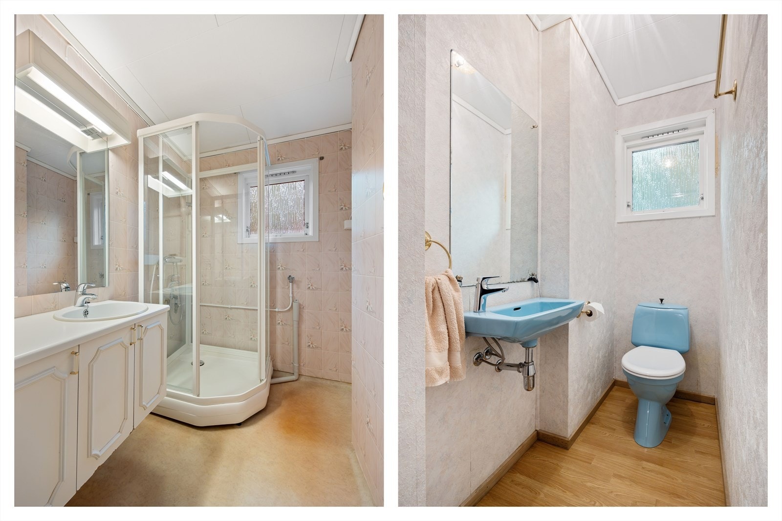 Bad/vaskerom i 1. etasje er innredet med dusjkabinett, servant, møbler og opplegg for vaskemaskin. Boligen har også et separat toalettrom i samme etasje. Galleribilde