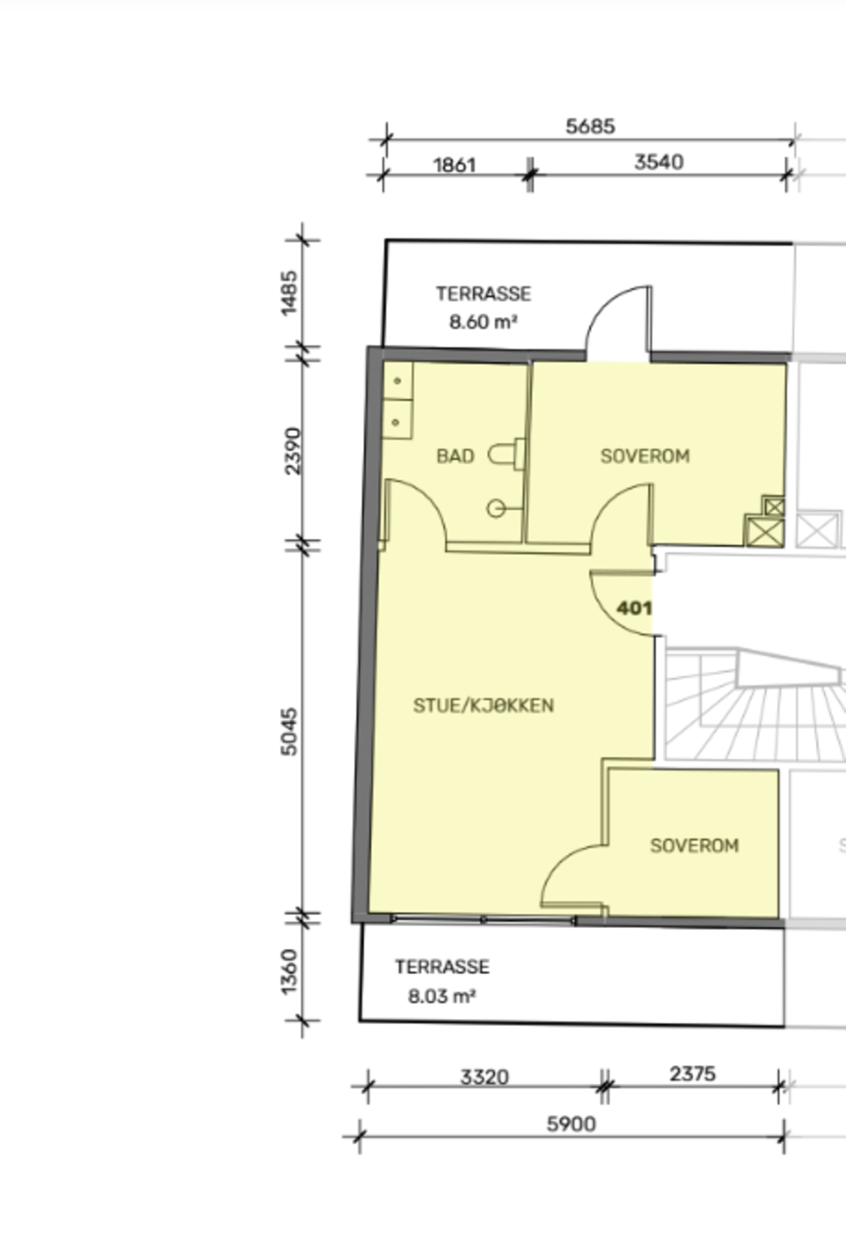 Plantegning. Leiligheten ligger i øverste etasje med flott gjennomlys og to soverom. Skissen er ikke målbar og avvik kan forekomme. Galleribilde