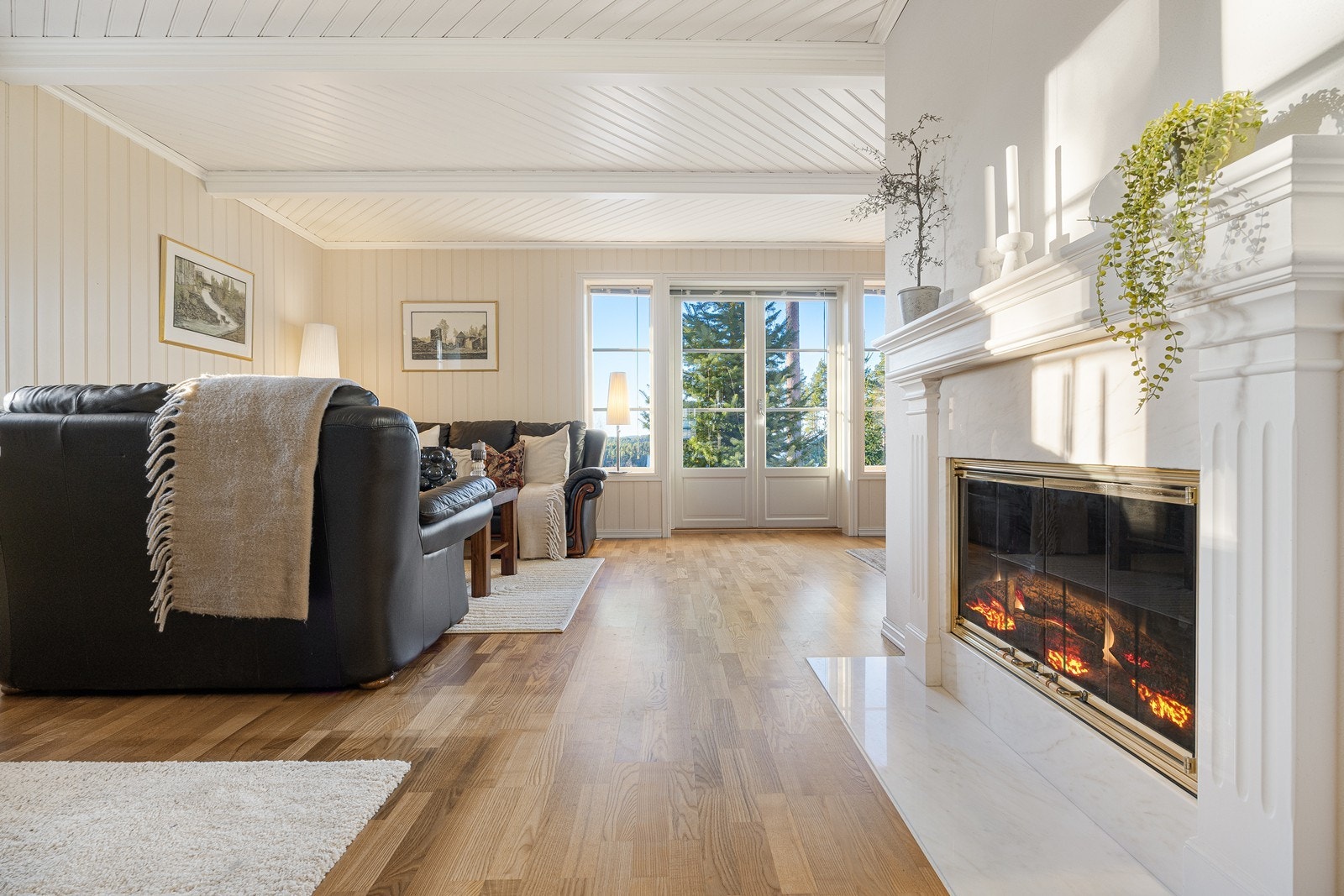 Stuen har en elegant peis med gulldetaljer, marmorplate og en hylle for planter eller dekor. Galleribilde