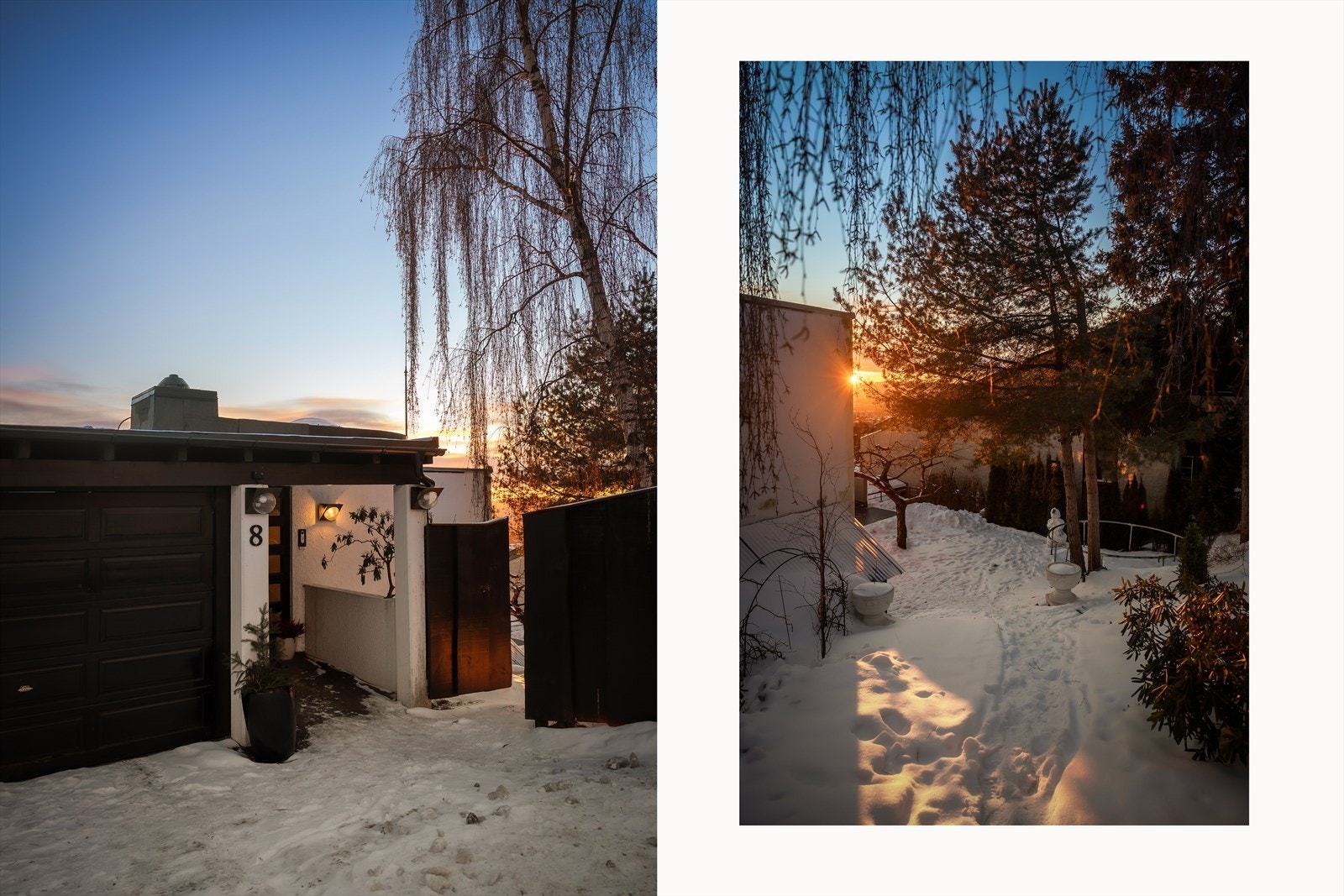 Felles adkomstparti med nabo fra Setra vei. Porten til høyre fører inn til denne seksjonens hagedel. Galleribilde