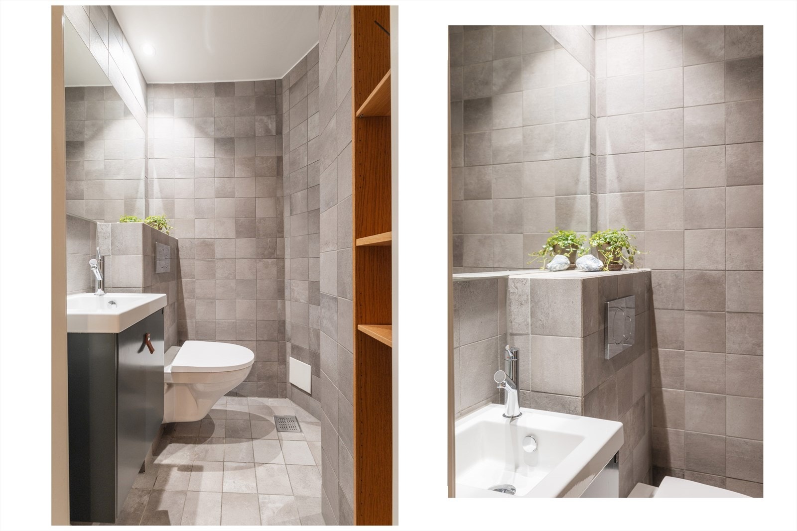 Flott bad pusset opp i 2018. Rommet er innredet med veggmontert toalett, dusjnisje og baderomsinnredning med en bredde på 40 cm. og glatte fronter, overlimt servant med ettgrepsarmatur fra Tapwell og speil. Galleribilde