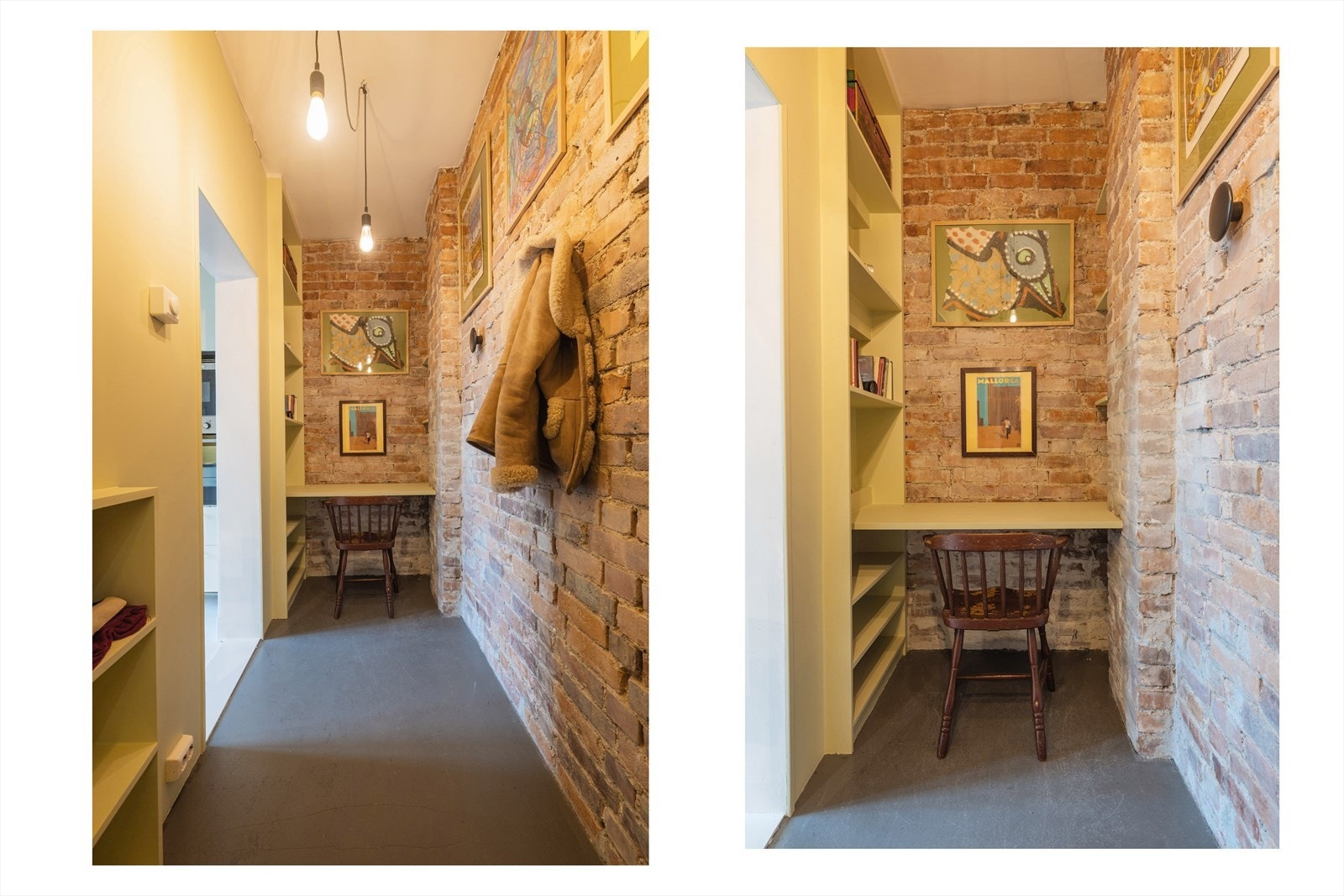 Gangen er i dag innredet med plassbygd kontorløsning. Galleribilde