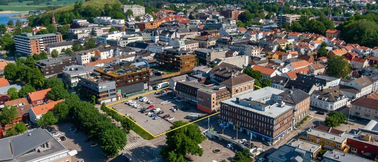 Flyfoto av hele tomten til Foynkvartalet Galleribilde