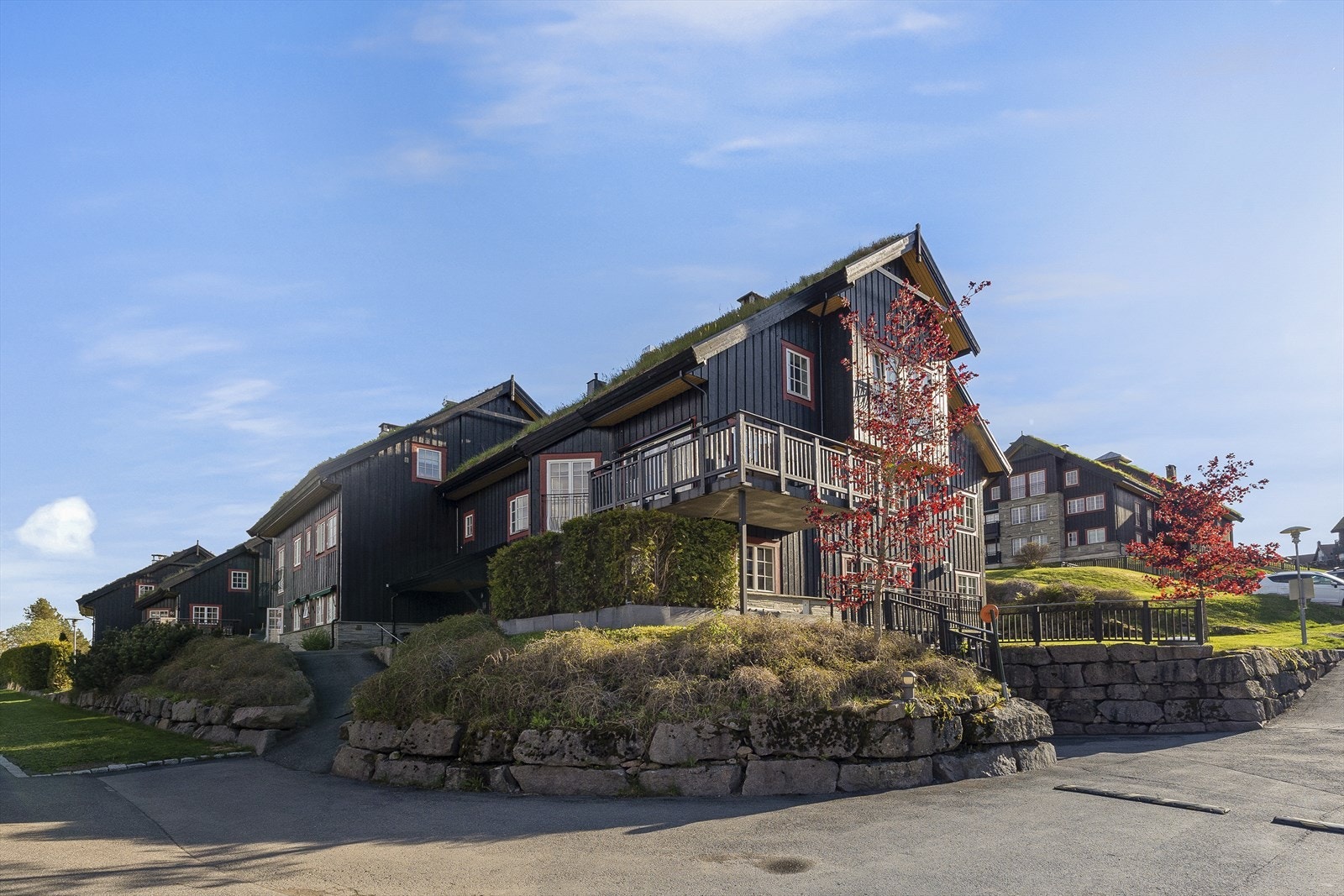 Byggene i sameiet er veldig stedstypiske, kledd med skifer, treverk og gresstak. Området oppleves som en hyggelig alpinlandsby. ameiets fellesarealer er svært pent opparbeidet med frodig gressplen, beplantning og lekeplass for barna Galleribilde