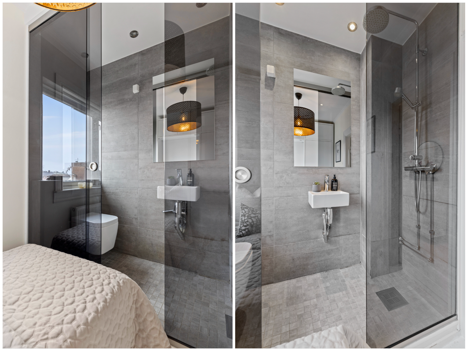 Rommet har direkte adkomst til et bad som er flislagt med elektriske varmekabler i gulv. Galleribilde