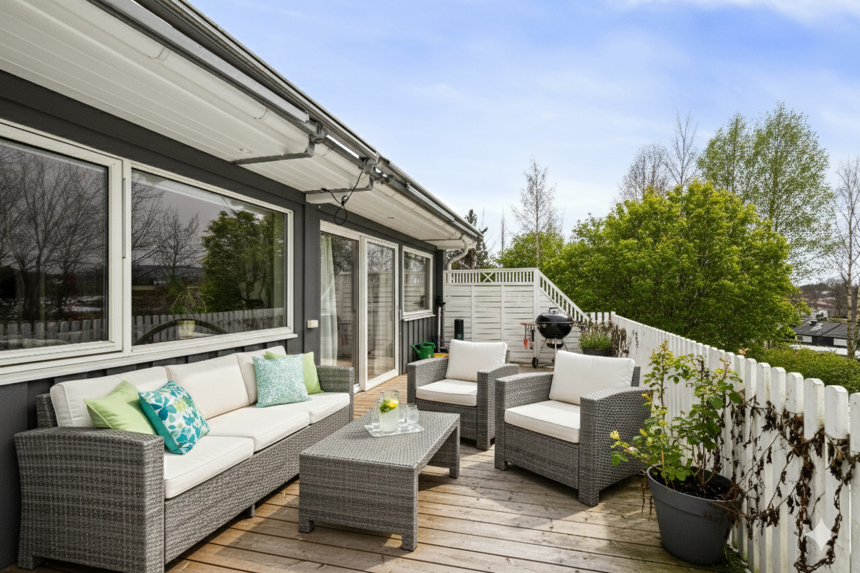 Virtuell stylet bilde av terrasse. Den ligger vestvendt med tredekke og rekkverk i stående treverk. Galleribilde