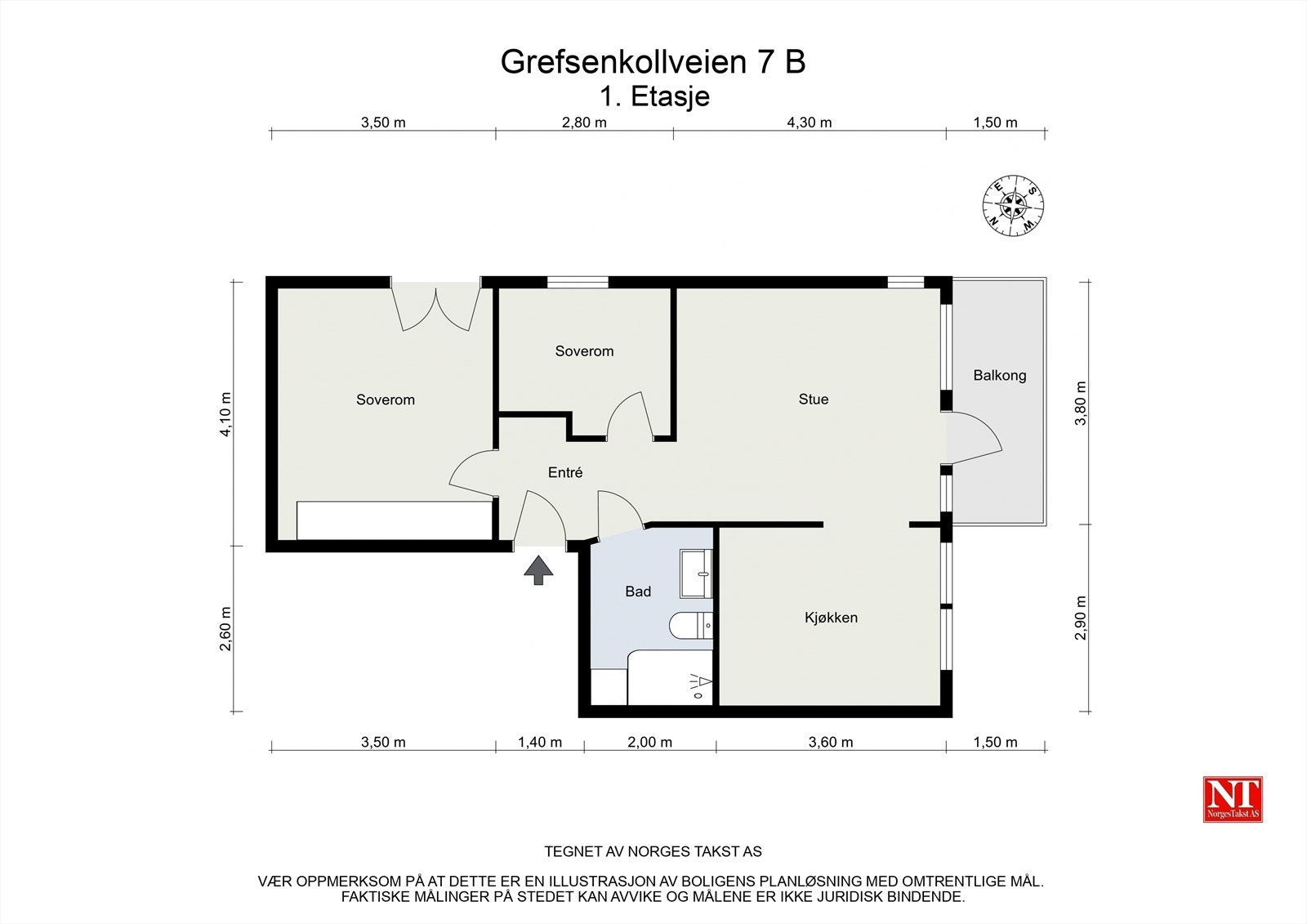 Leiligheten har en arealeffektiv planløsning som omfatter entré, to soverom, bad, kjøkken og stue. Galleribilde