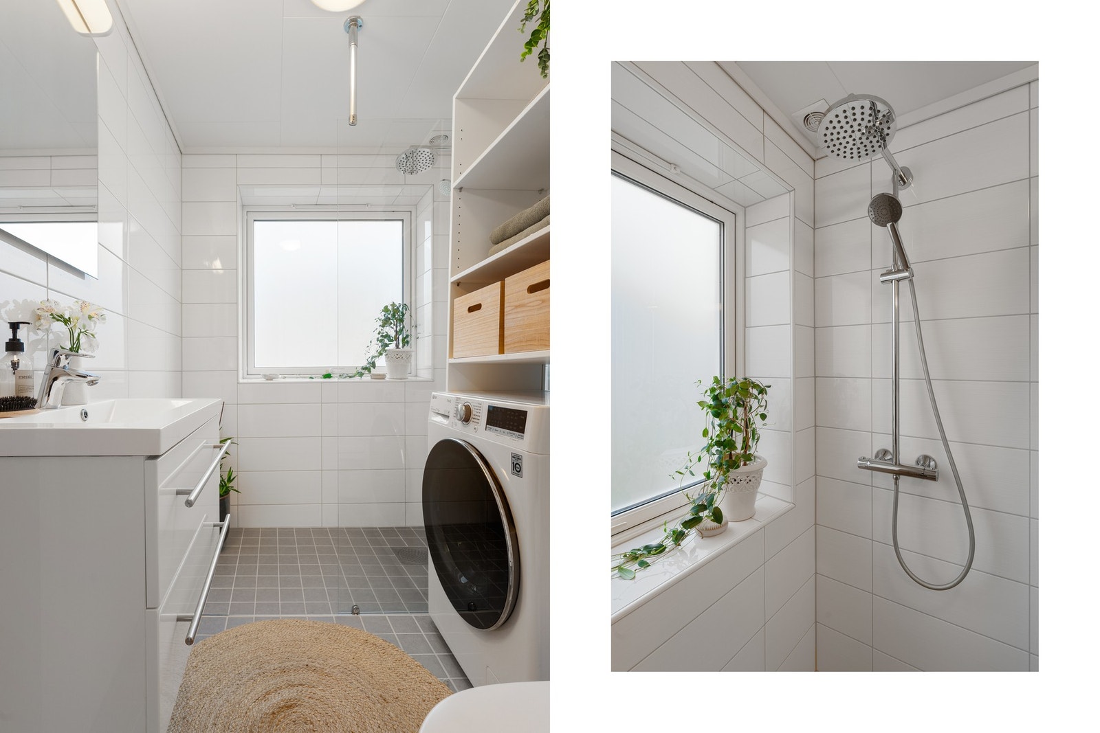 - Det er egen nisje for vaskemaskin med praktiske hyller over. Badet ble oppgradert i 2016 - Galleribilde