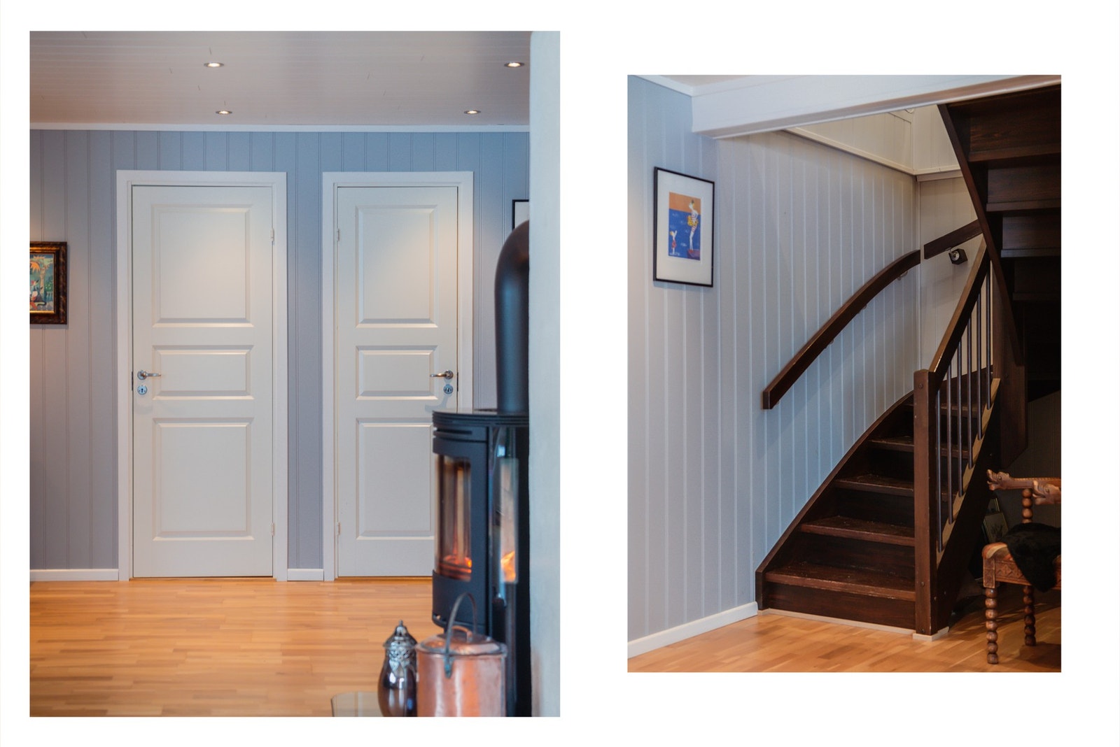 På venstre side har vi to dører der den til venstre går til wc-rom, mens den til høyre går til vaskerommet. Trapp til 2.etg. Galleribilde