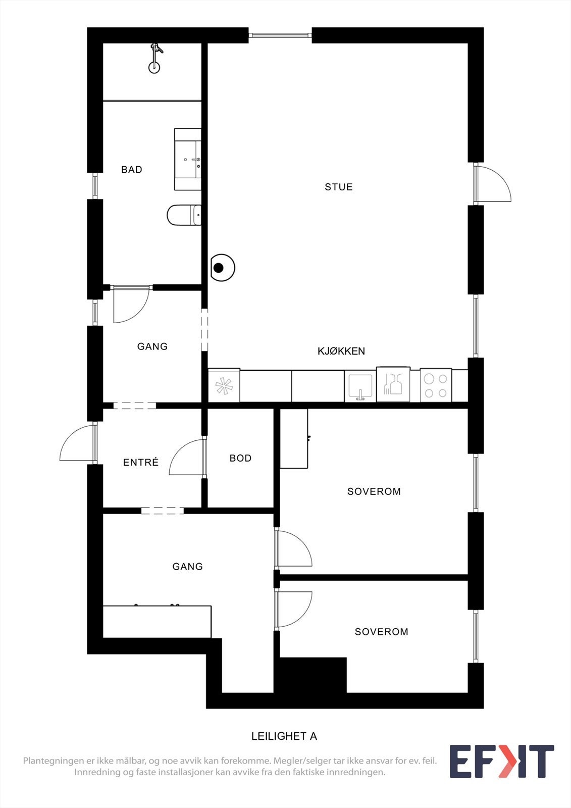 Plantegning for leilighet A, som viser en god planløsning med to soverom. Galleribilde