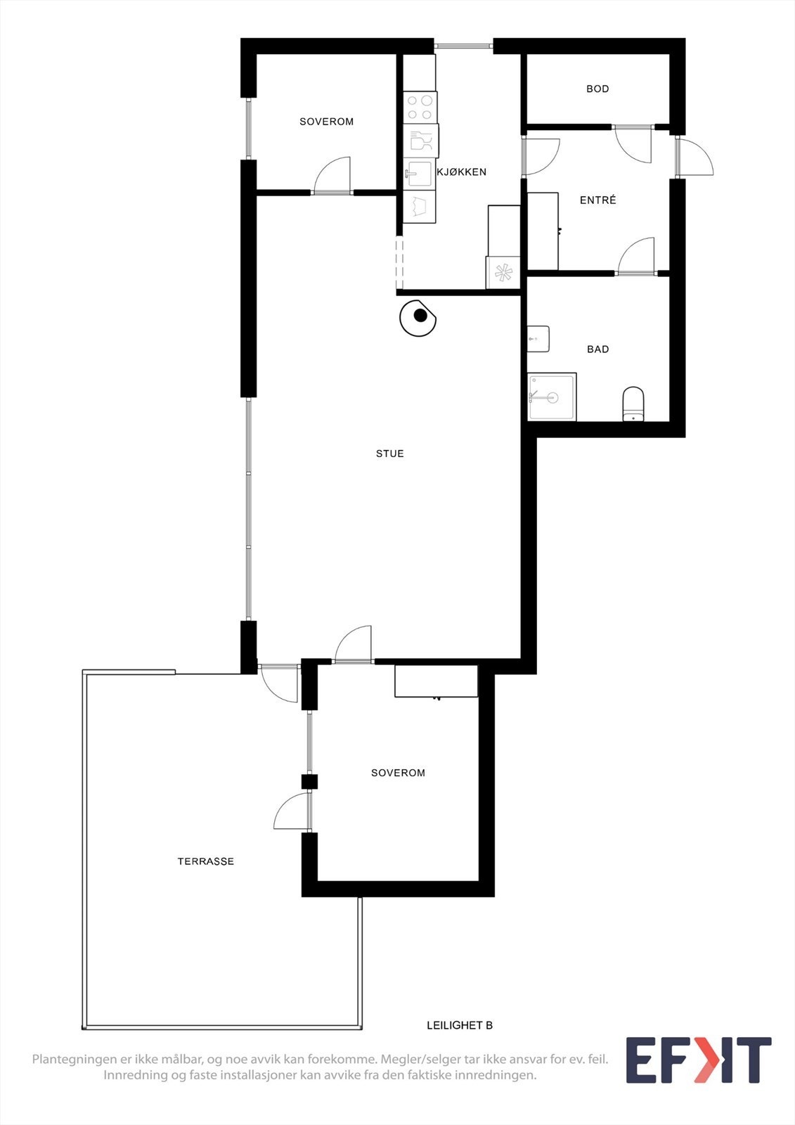 Leilighet B har en tilsvarende funksjonell planløsning med to soverom og utgang til terrasse. Galleribilde