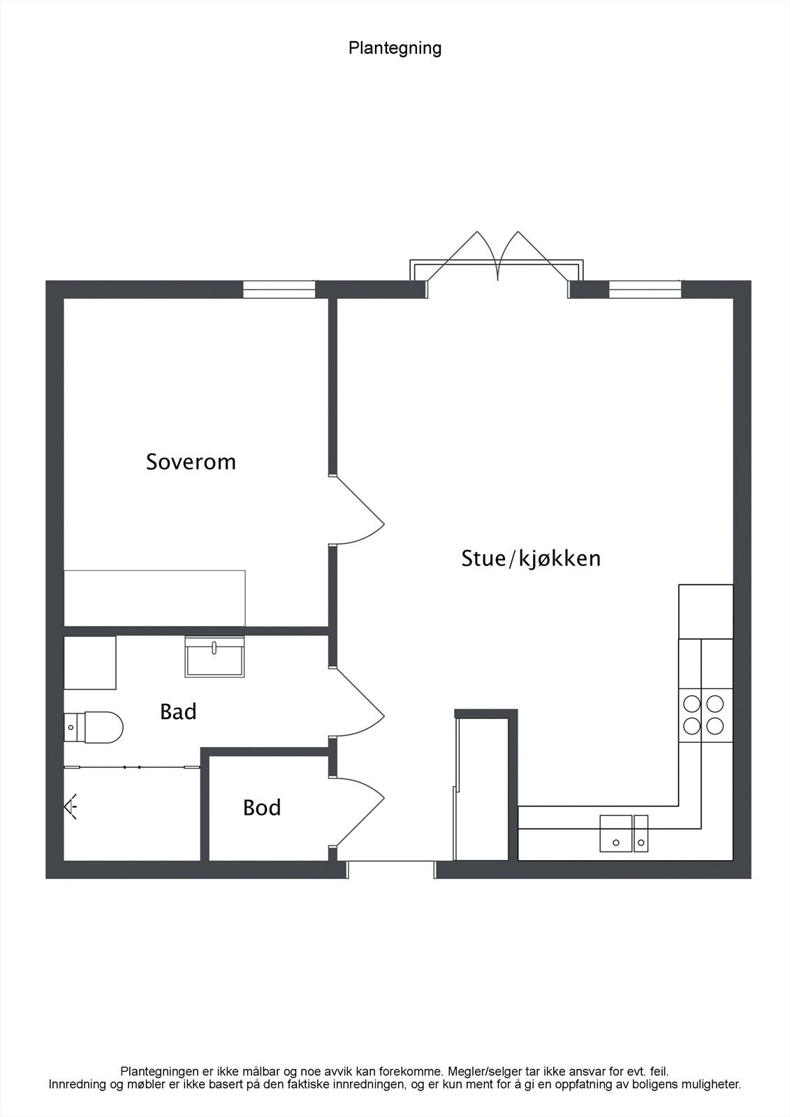 Planløsningen er arealeffektiv med stue/kjøkken, soverom, bad og en praktisk bod. Galleribilde