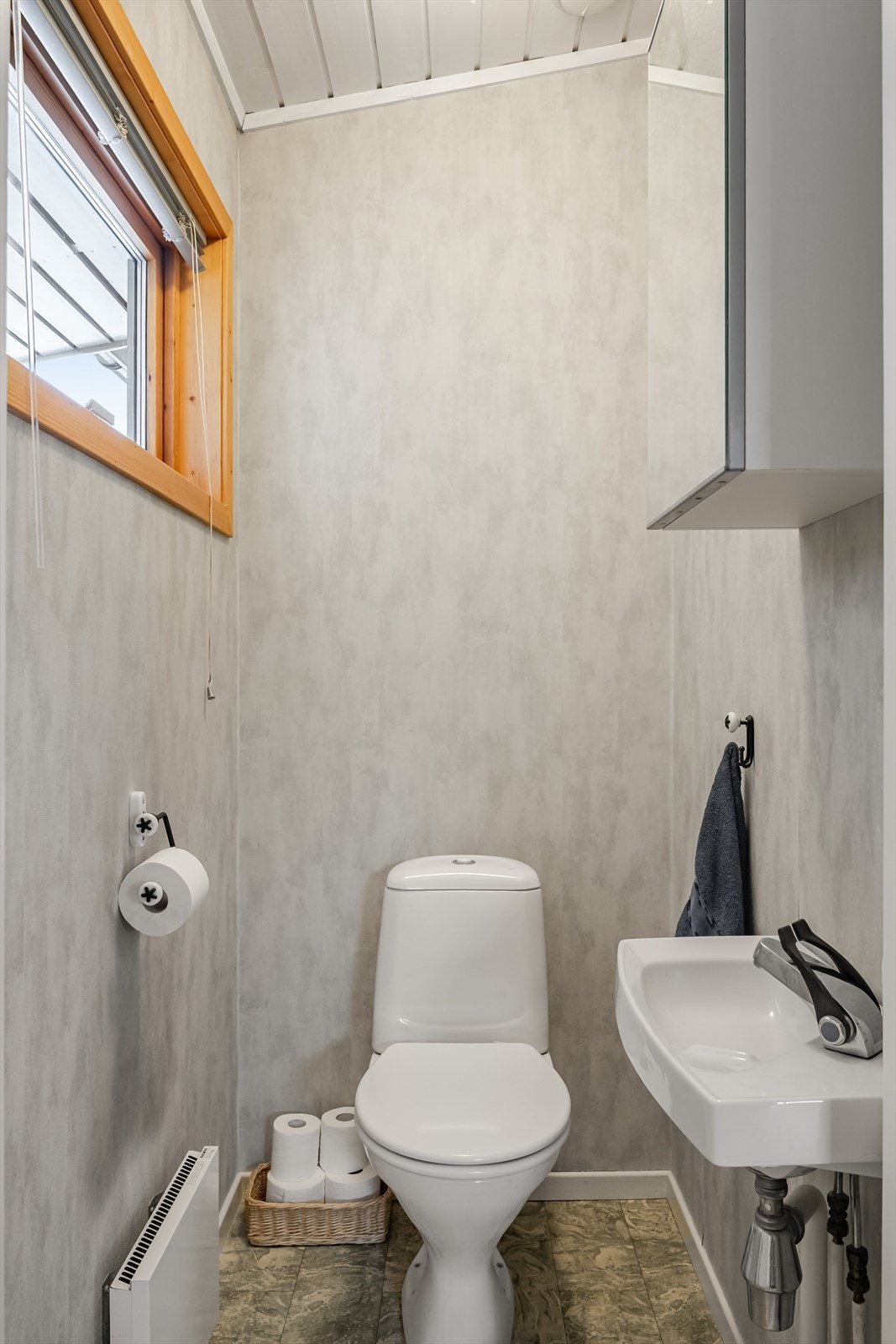 Praktisk, separat toalettrom med toalett og vegghengt servant. Galleribilde