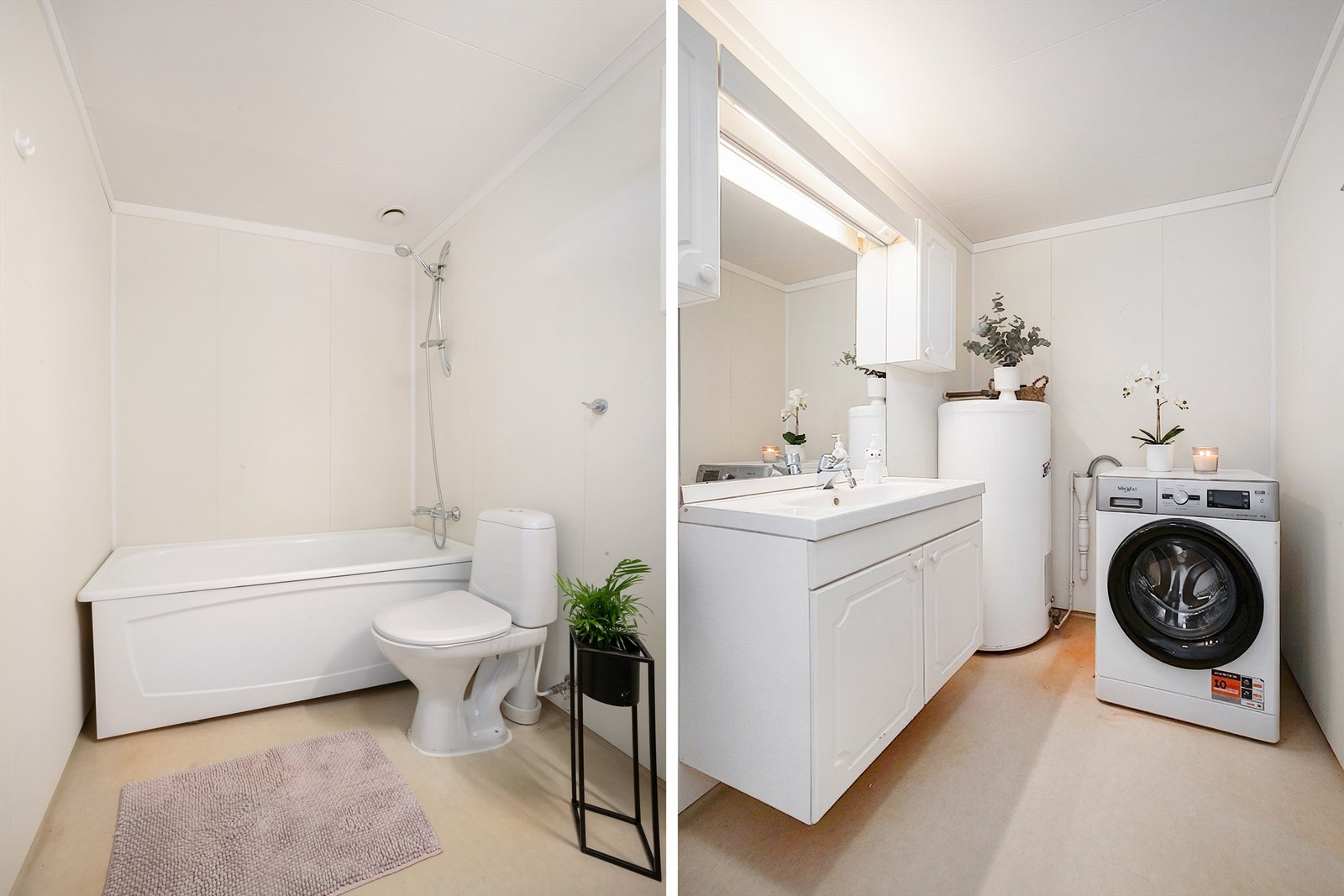 Frittstående badekar, gulvstående toalett, servantinnredning med skap og opplegg for vaskemaskin/tørketrommel. Galleribilde