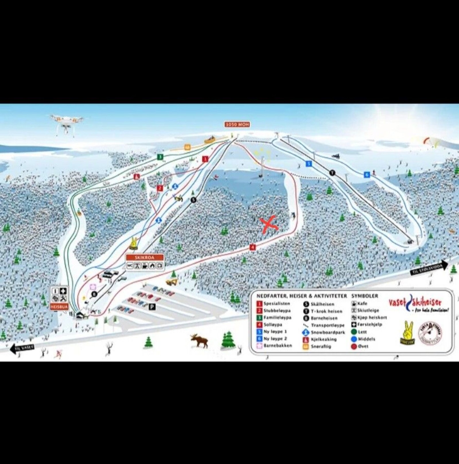 Hytta er markert med rødt kryss på kartet, og viser beliggenheten i forhold til Vaset Skisenter. Galleribilde