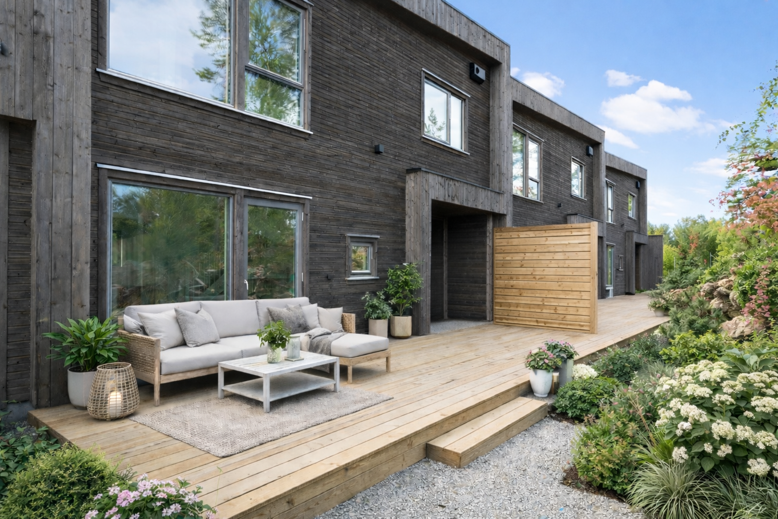 Fra stuen i 1. etasje er det utgang ut til uteplass. Bildet er redigert med KI. Galleribilde