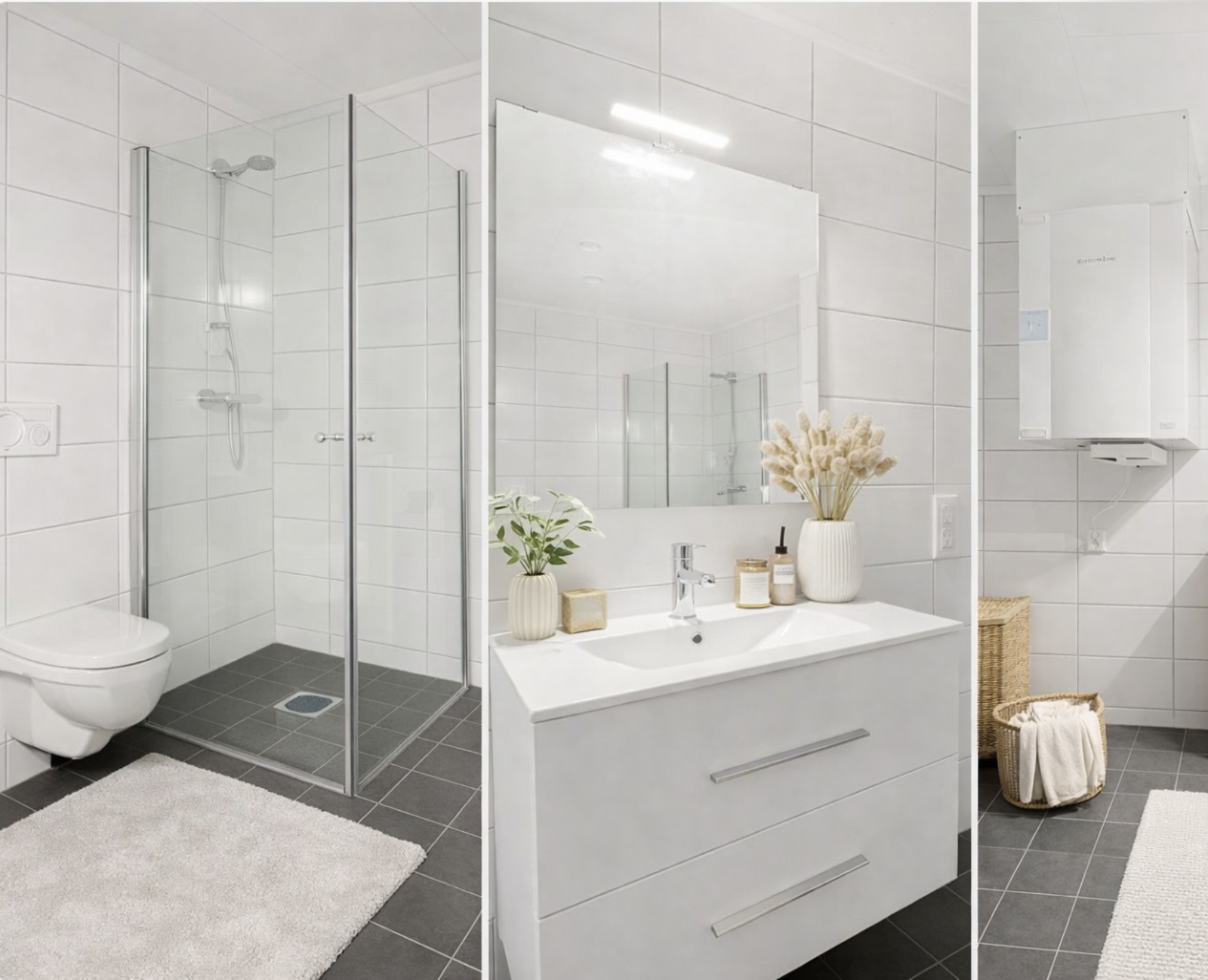 Hvit baderomsinnredning med servant, veggmontert toalett, dusjhjørne med glassdører og opplegg for vaskemaskin. Bildet er redigert med KI. Galleribilde