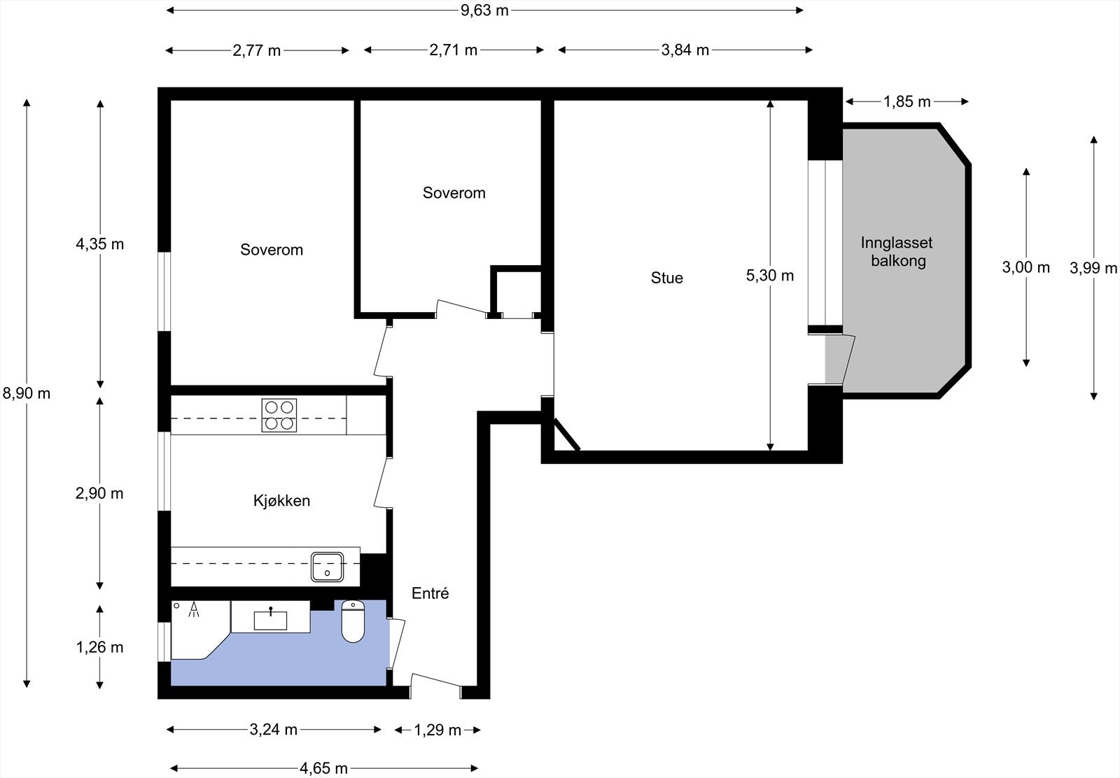 Leiligheten ligger i 2. etasje og inneholder entré, bad, kjøkken, 2 soverom og stue med utgang til innglasset balkong. I tillegg disponerer leiligheten to kjellerboder og én loftsbod. Galleribilde