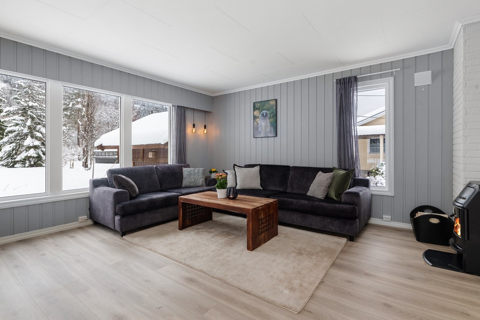 I tv-stuedelen er det både varmepumpe fra 2010 og vedovn. Galleribilde