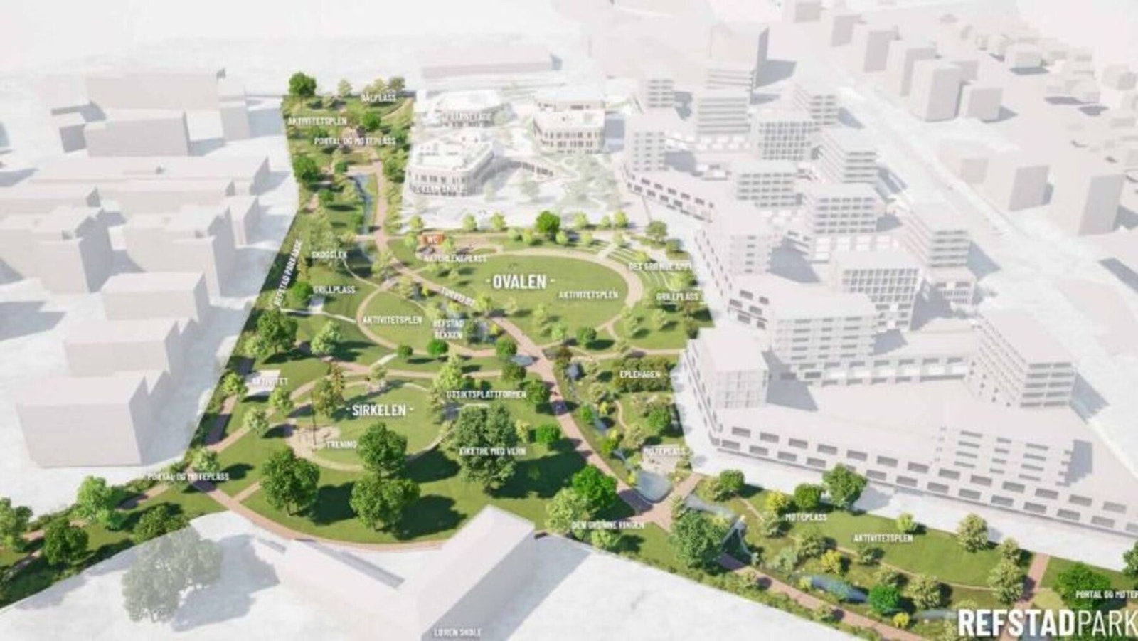 Økern torgpark vil stå ferdig høsten 2027 og blir et flott tilskudd til nærmiljøet. Som nærmeste nabo til venstre for parken vil du kunne nyte godt av dette. Oversiktsillustrasjon Kreditering: Oslo kommune / Bjørbekk & Lindheim. Galleribilde