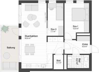 Leiligheten har en gjennomtenkt planløsning med to soverom og en åpen, sosial sone. Galleribilde