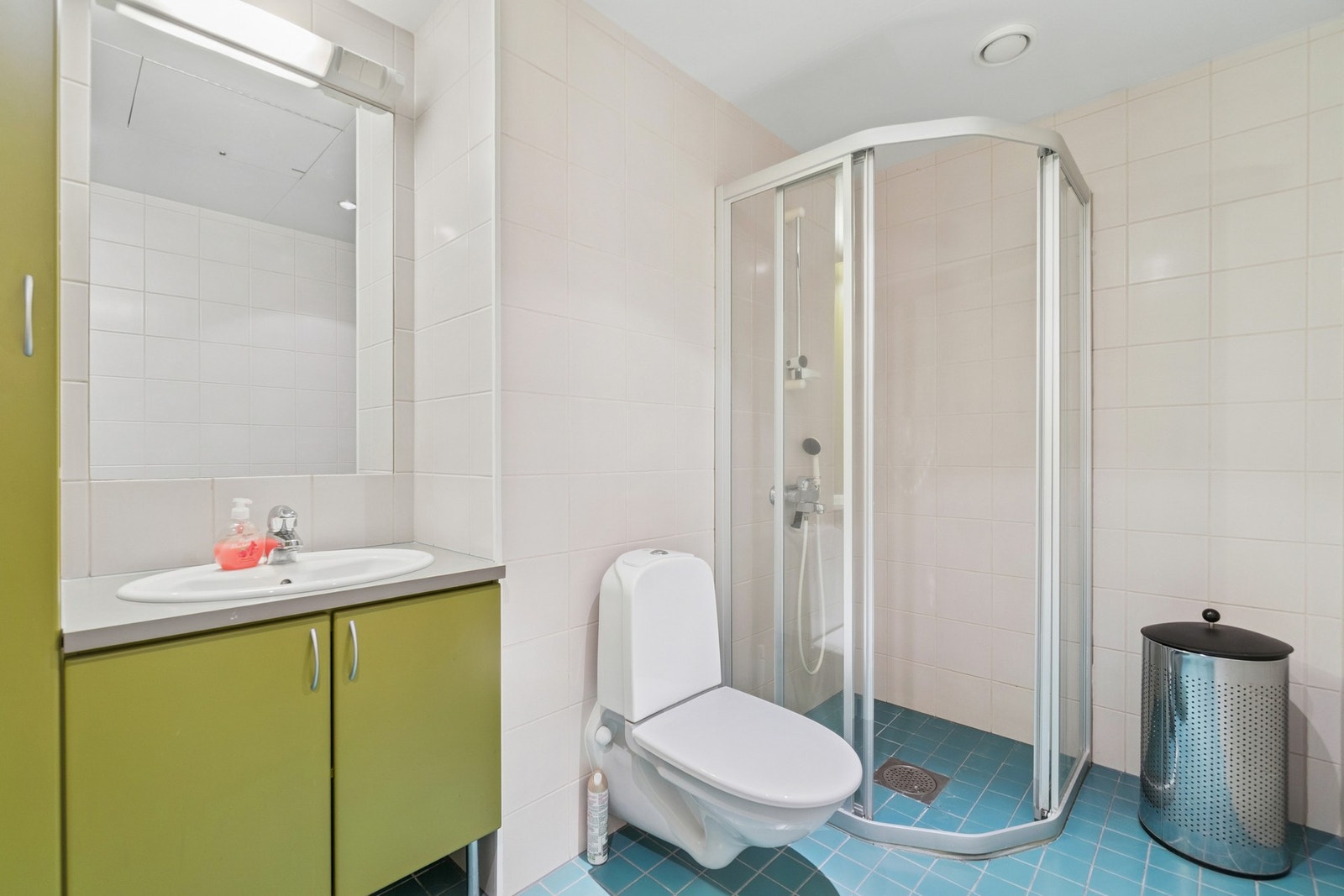 Badet har en enkel baderomsinnredning, toalett og dusjkabinett. Galleribilde