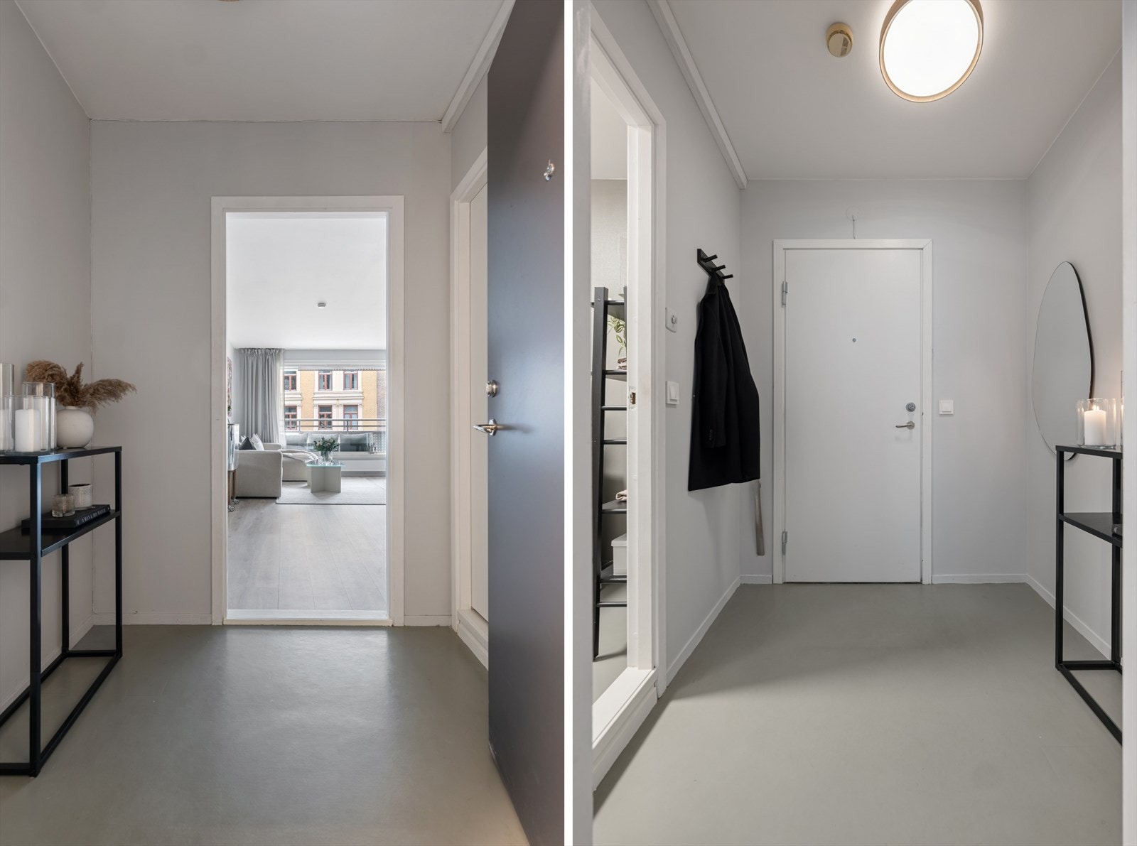 Velkommen inn i en lys og innbydende entré som gir et godt førsteinntrykk av leiligheten. Her er det rikelig plass til sko og yttertøy, organisert med praktiske oppheng og fine oppbevaringsløsninger. Galleribilde