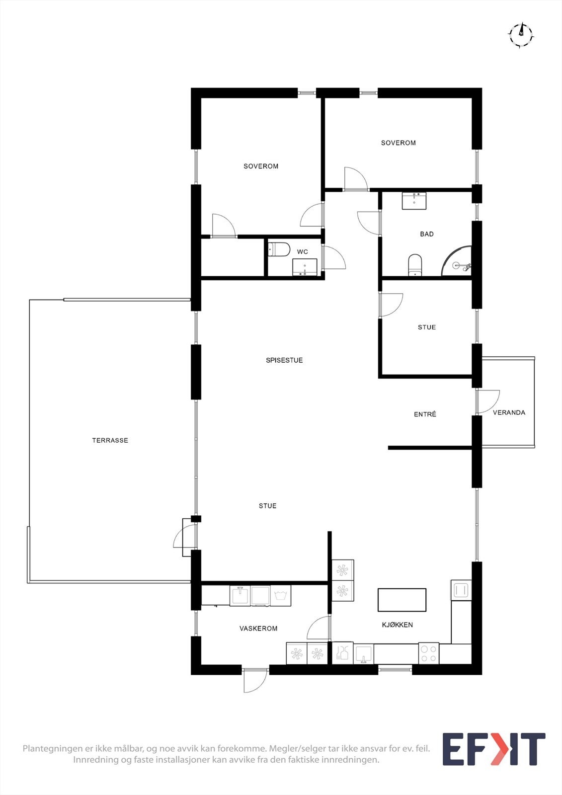 Plantegning - gjennomtenkt planløsning med stue/kjøkken, tre soverom, bad, separat toalett og vaskerom - alt på ett plan. Galleribilde